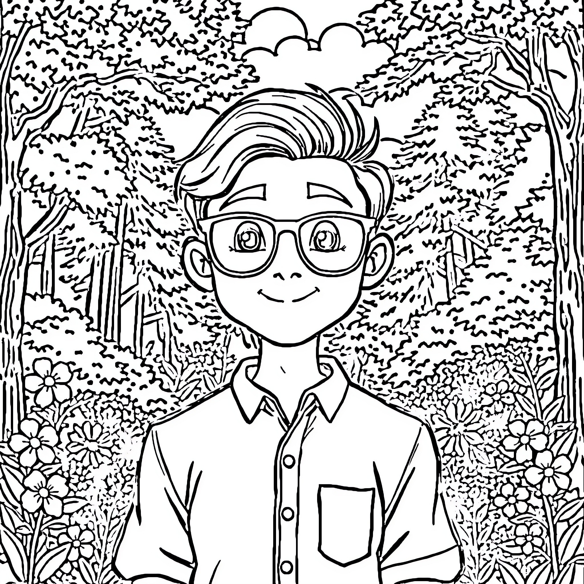 Human in a Whimsical Forest Setting Coloring Page (free black-and-white line drawing printable PDF for all, from beginners to advanced learners, including children, teens, adults, and seniors)