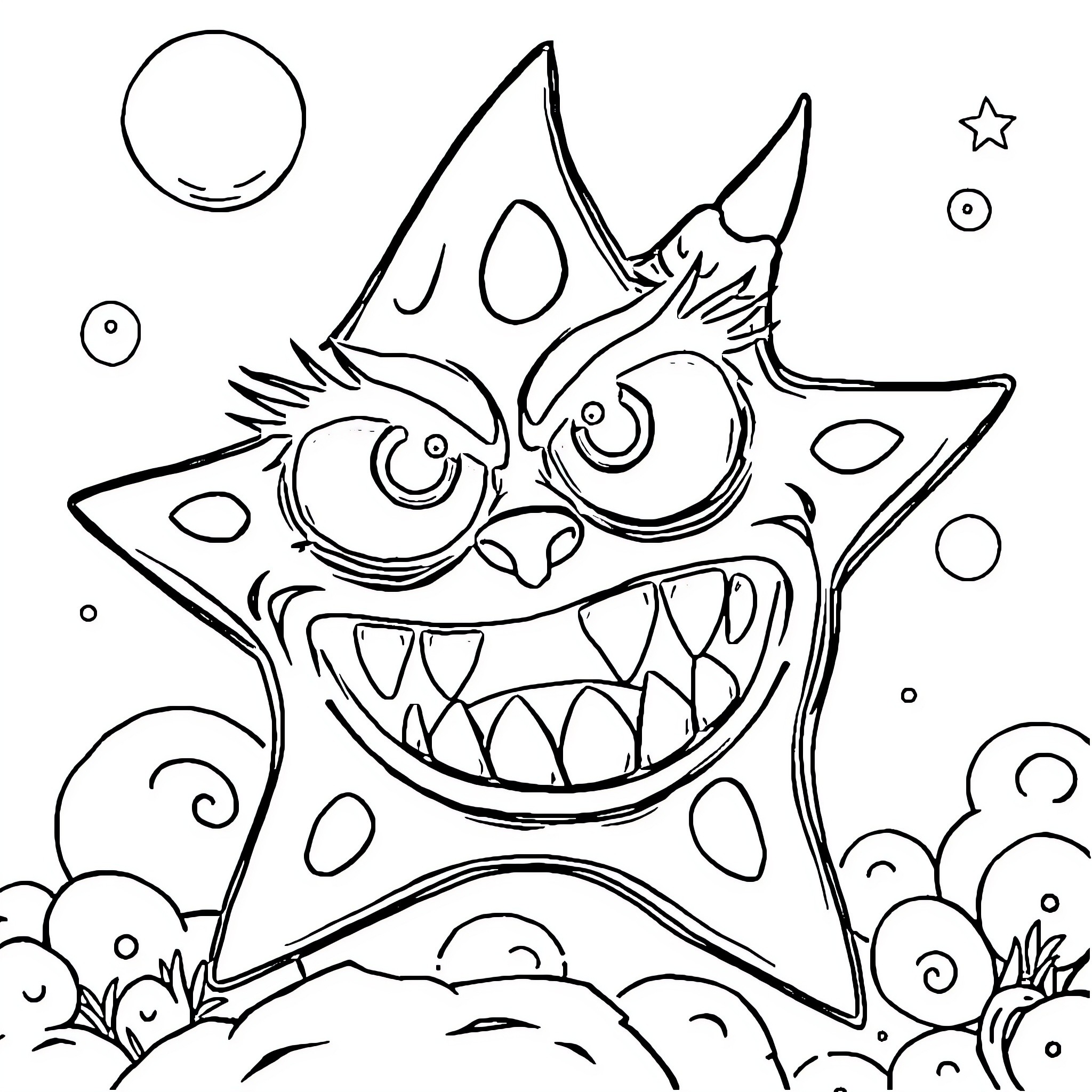 Monster Star with Expressive Features Coloring Page (free black-and-white line drawing printable PDF for all, from beginners to advanced learners, including children, teens, adults, and seniors)