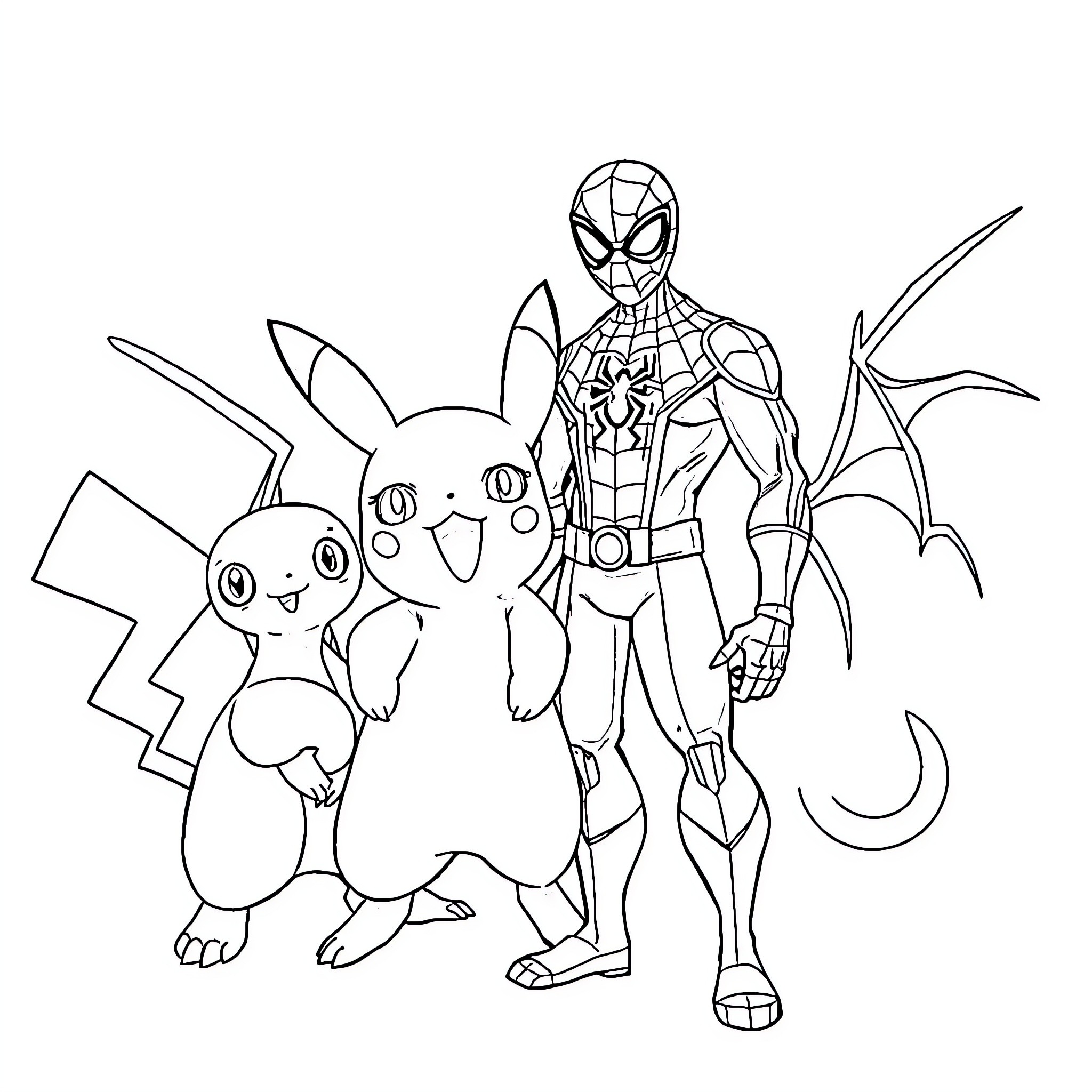 Pokémon heroes in action pose Coloring Page (free black-and-white line drawing printable PDF for all, from beginners to advanced learners, including children, teens, adults, and seniors)