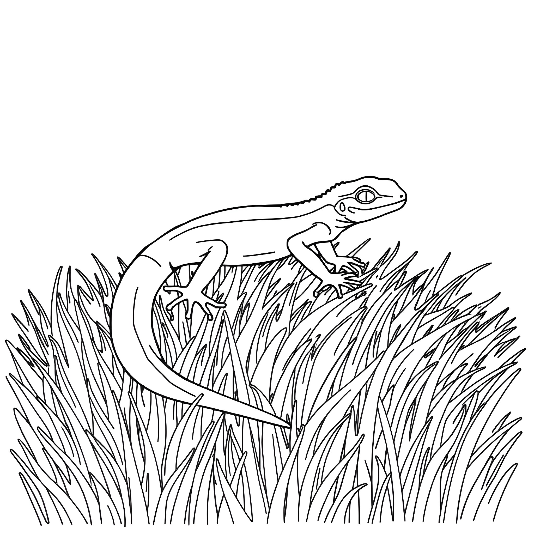 Emerald Tree Skink on the Grass Coloring Page (free black-and-white line drawing printable PDF for all, from beginners to advanced learners, including children, teens, adults, and seniors)