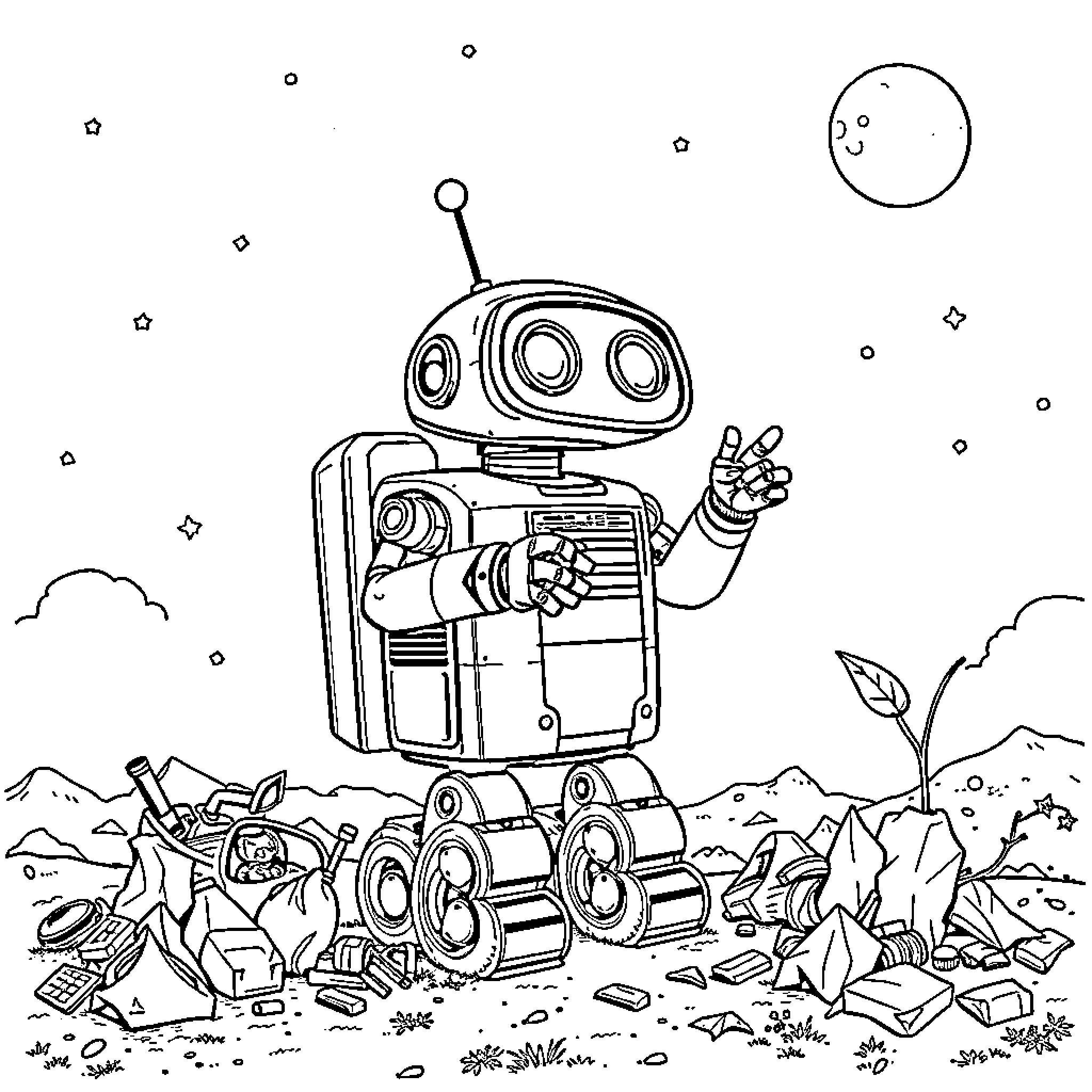 Walle exploring the wilderness with playful curiosity Coloring Page (free black-and-white line drawing printable PDF for all, from beginners to advanced learners, including children, teens, adults, and seniors)
