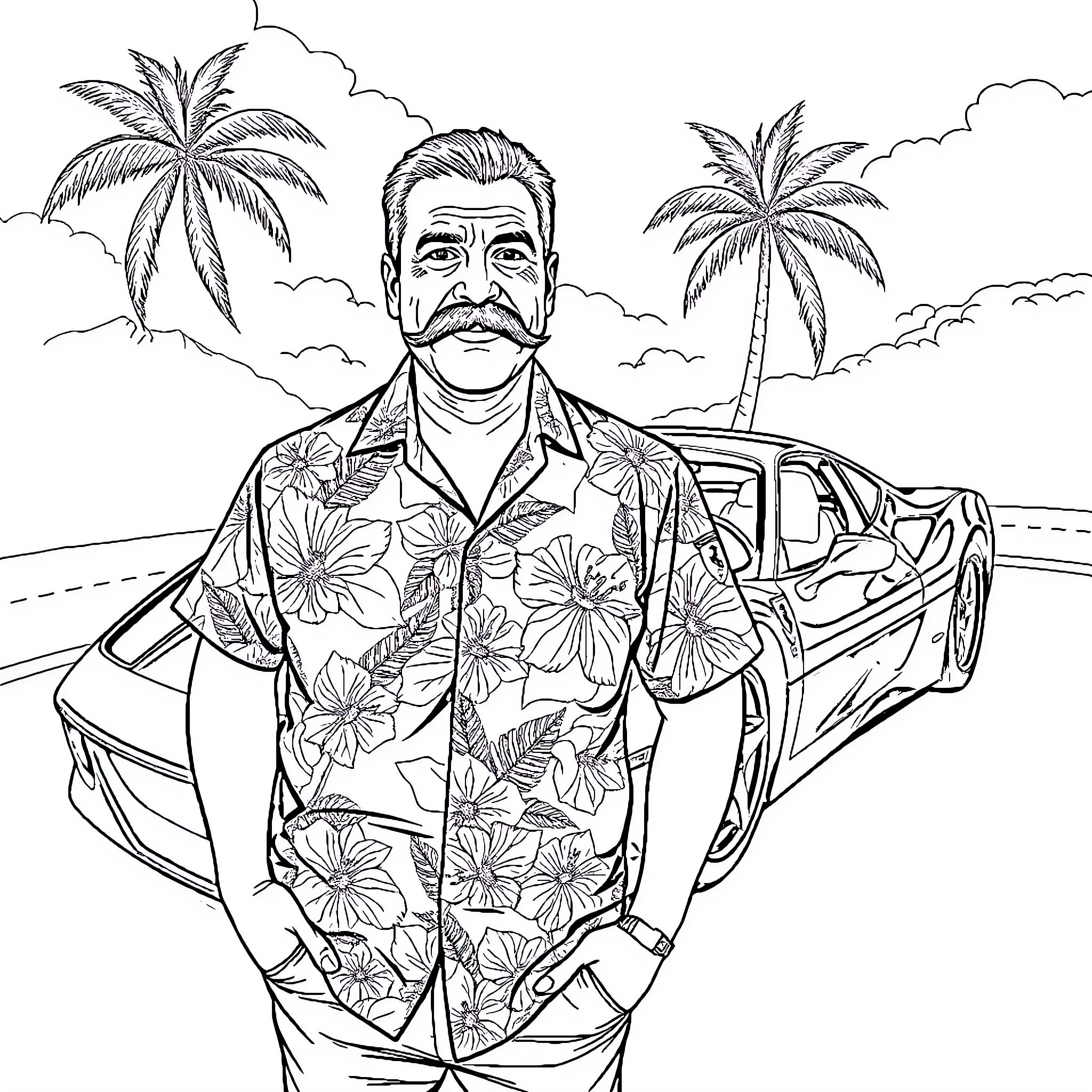 Man in Tropical Shirt Stands by Convertible Car Coloring Page (free black-and-white line drawing printable PDF for all, from beginners to advanced learners, including children, teens, adults, and seniors)
