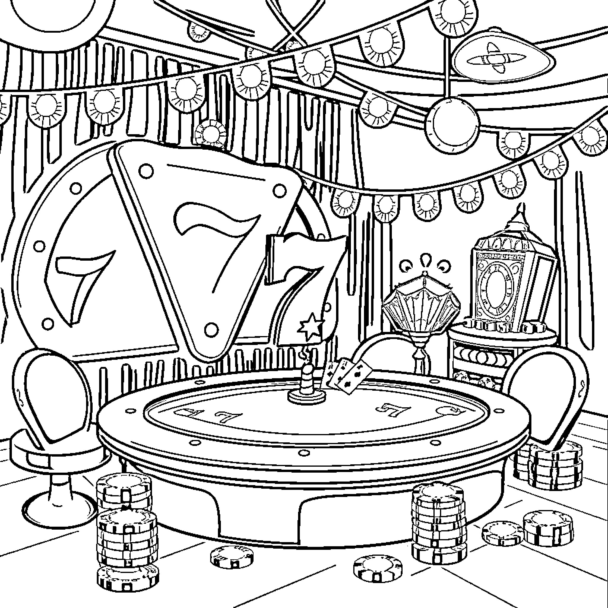 Kids playing at a carnival game booth Coloring Page (free black-and-white line drawing printable PDF for all, from beginners to advanced learners, including children, teens, adults, and seniors)