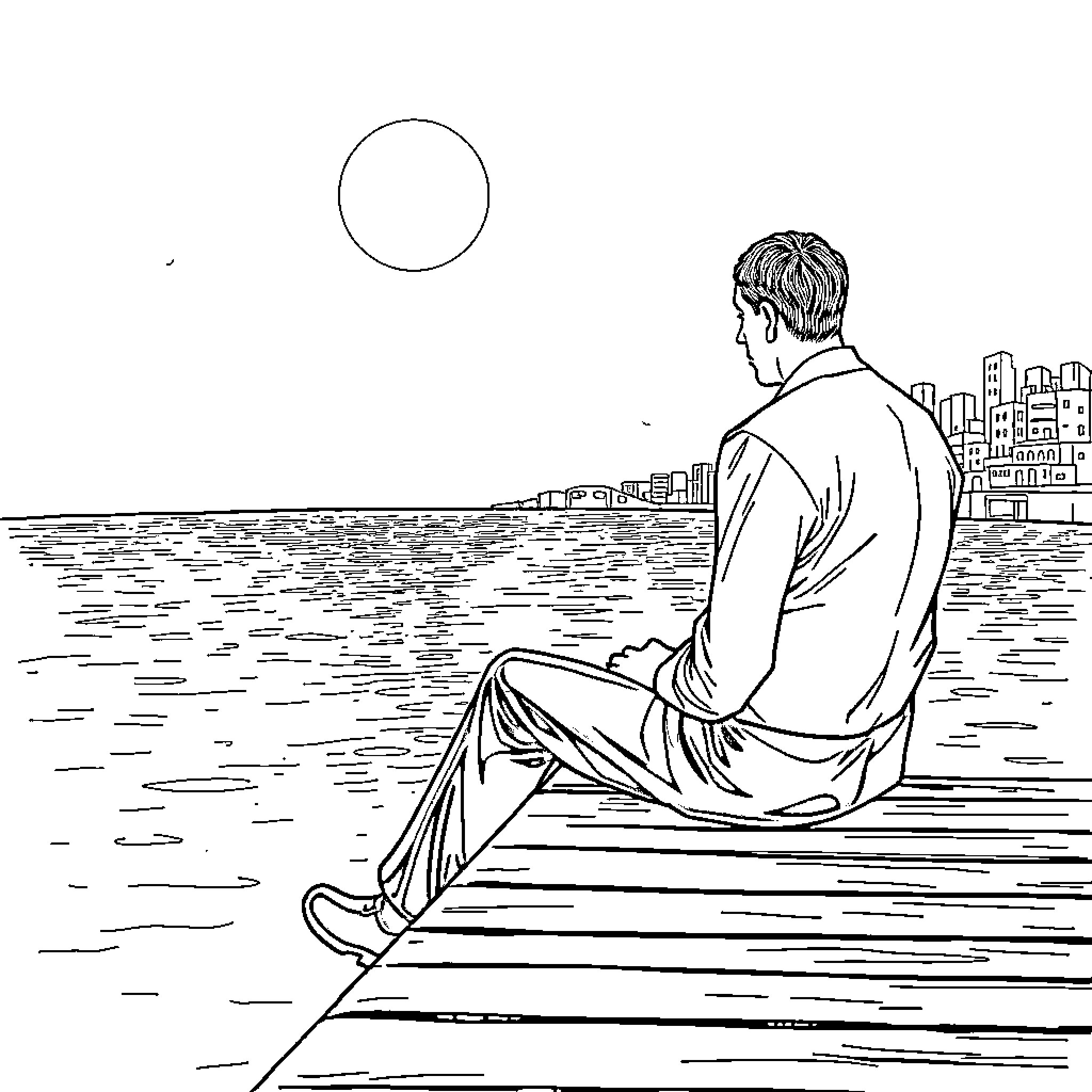 Jay Gatsby gazing out over the city landscape Coloring Page (free black-and-white line drawing printable PDF for all, from beginners to advanced learners, including children, teens, adults, and seniors)