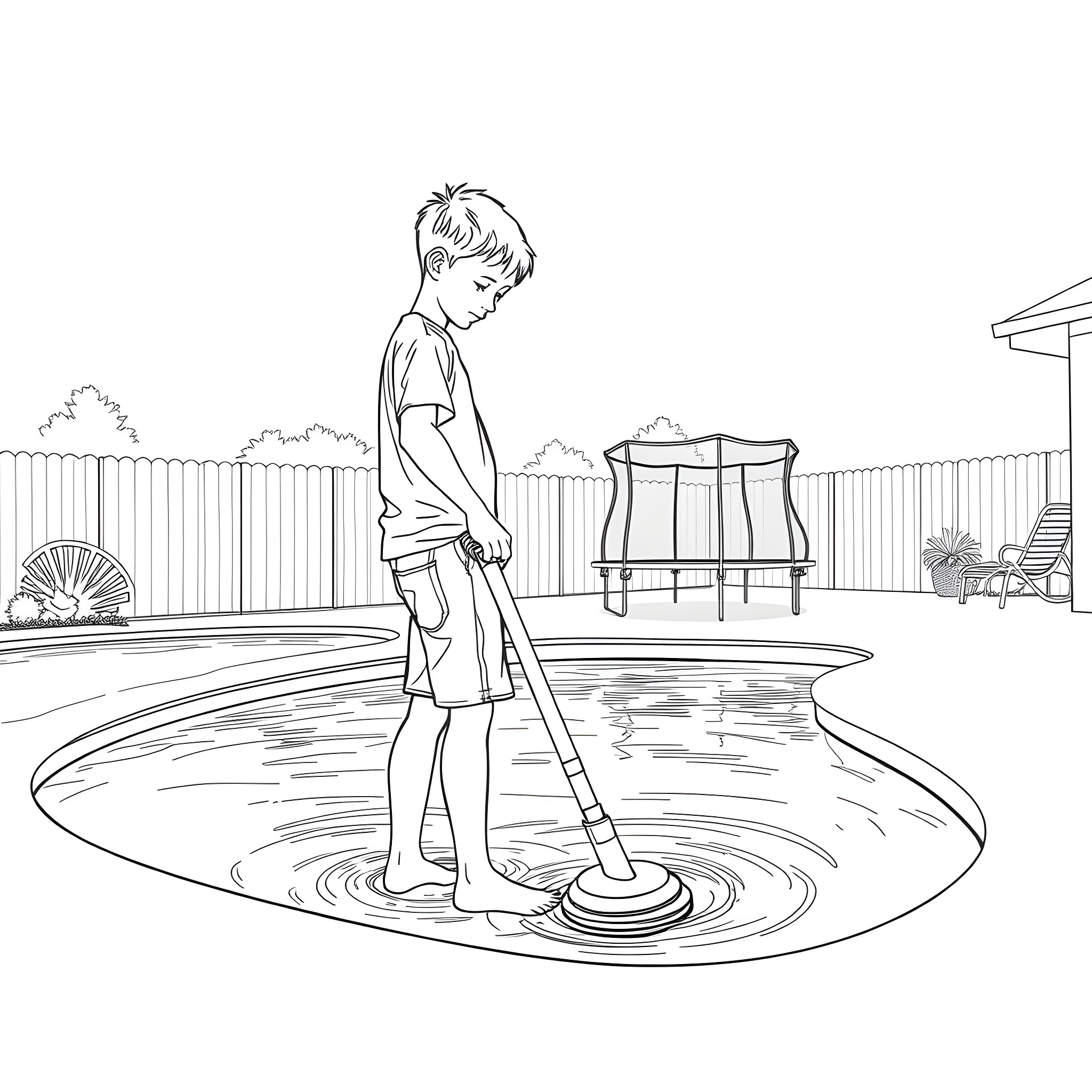 Teen Guy Playing in the Pool on a Summer Day Coloring Page (free black-and-white line drawing printable PDF for all, from beginners to advanced learners, including children, teens, adults, and seniors)
