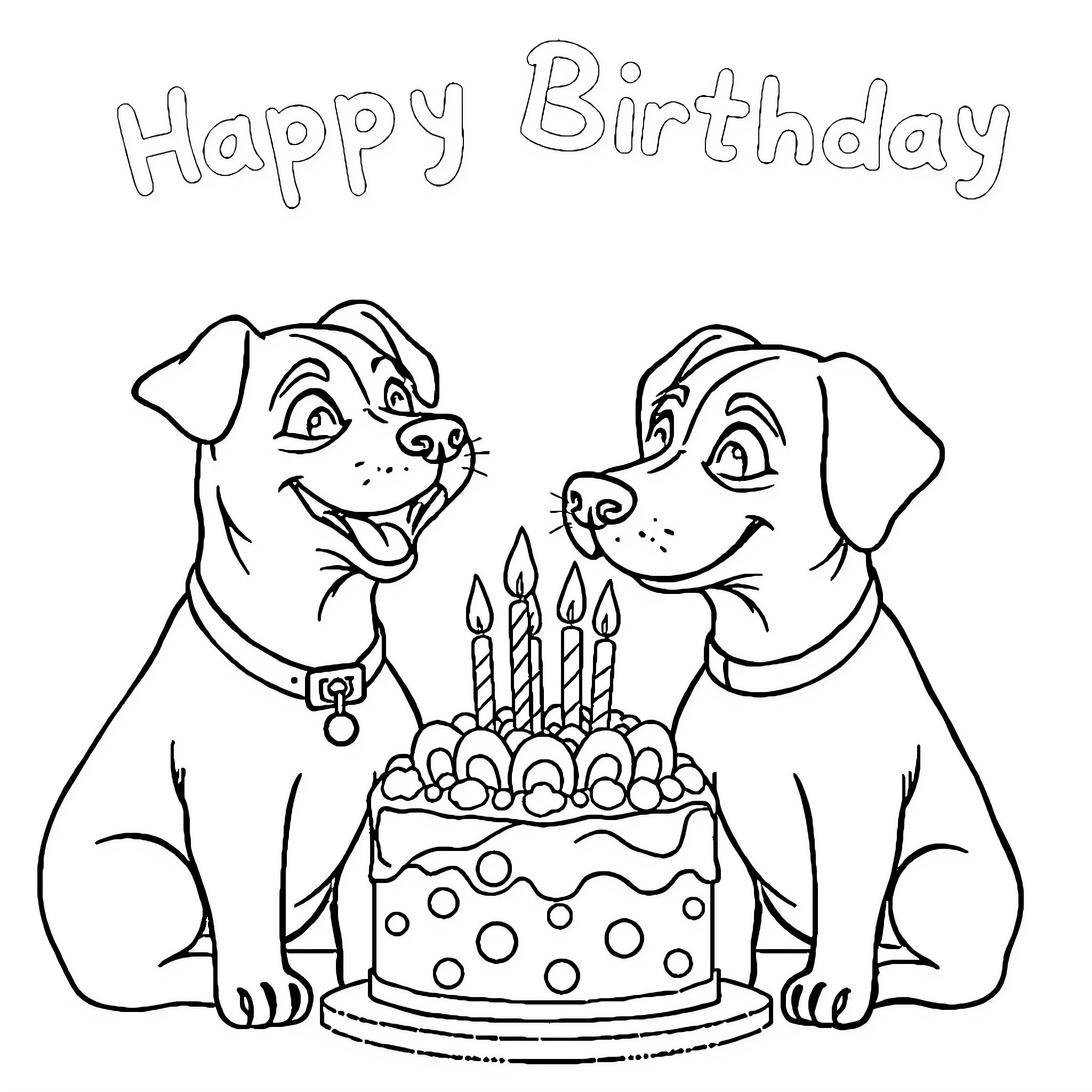 Dogs celebrating happy birthday with cake Coloring Page (free black-and-white line drawing printable PDF for all, from beginners to advanced learners, including children, teens, adults, and seniors)