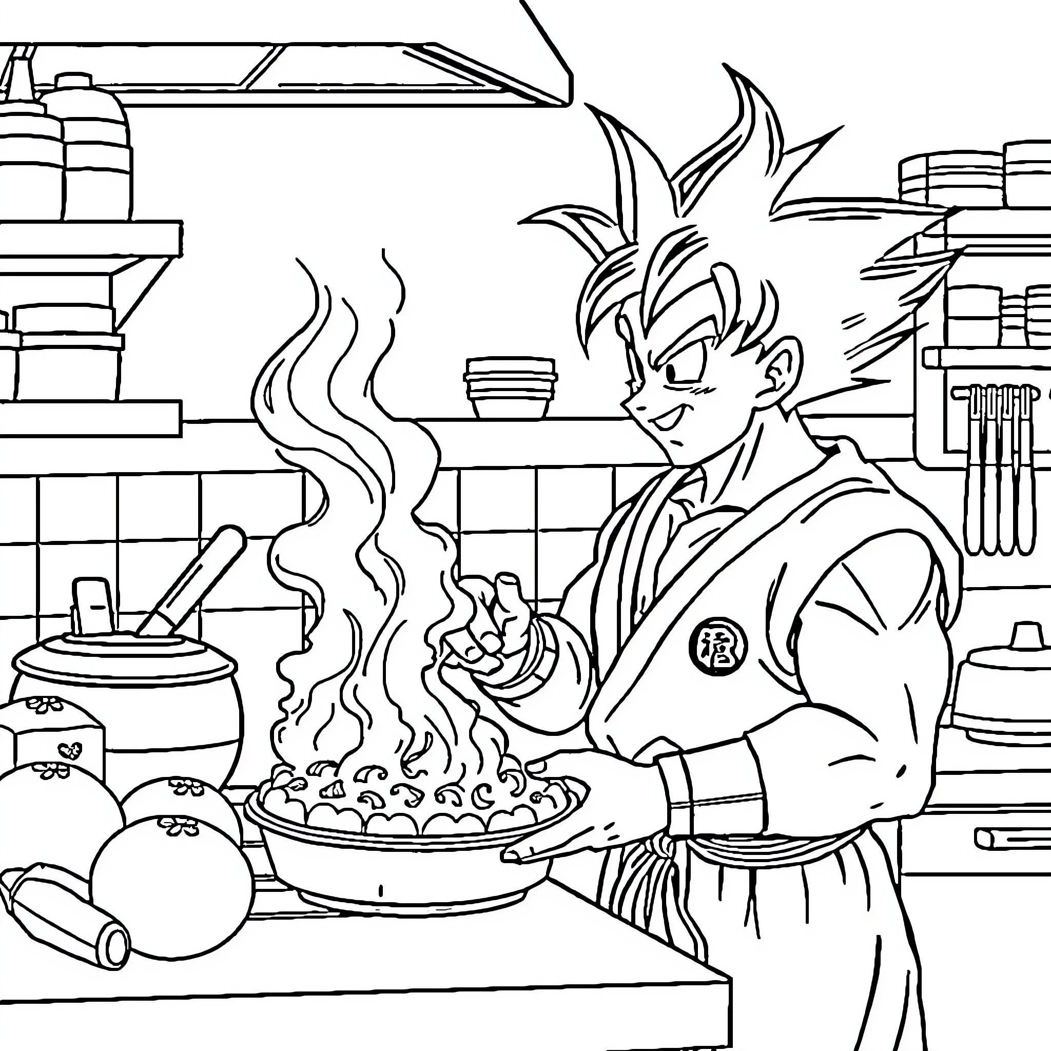 Goku cooking a delicious meal in the kitchen Coloring Page (free black-and-white line drawing printable PDF for all, from beginners to advanced learners, including children, teens, adults, and seniors)