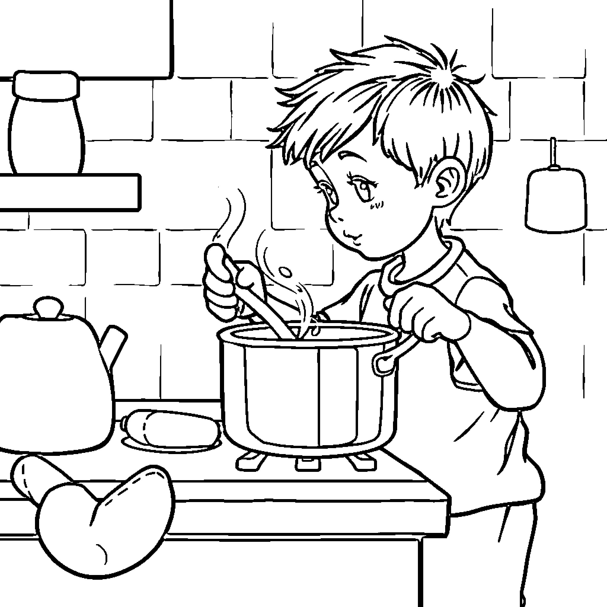 Boy cooking a meal in the kitchen Coloring Page (free black-and-white line drawing printable PDF for all, from beginners to advanced learners, including children, teens, adults, and seniors)