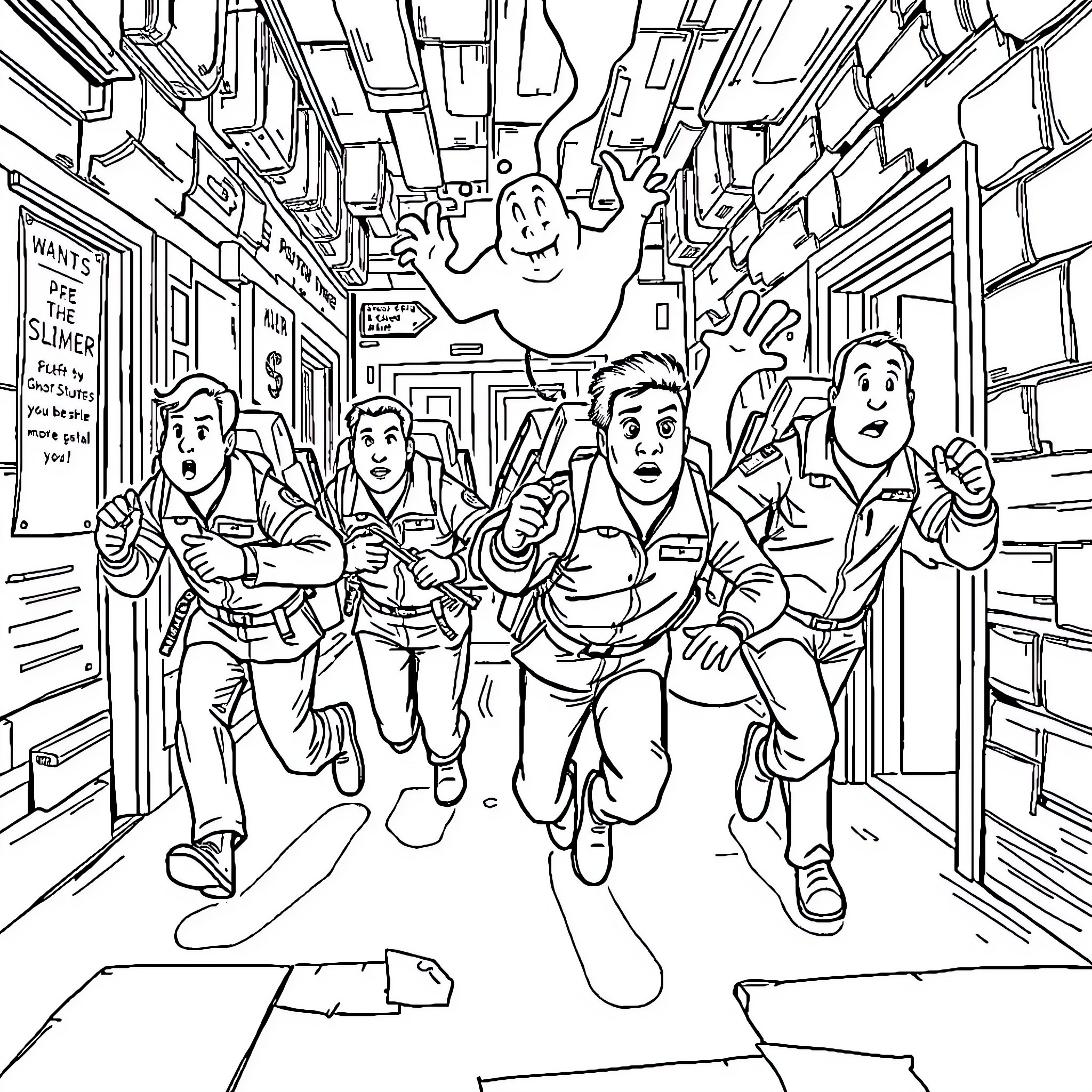 Ghostbusters chasing ghosts in a spooky hallway Coloring Page (free black-and-white line drawing printable PDF for all, from beginners to advanced learners, including children, teens, adults, and seniors)