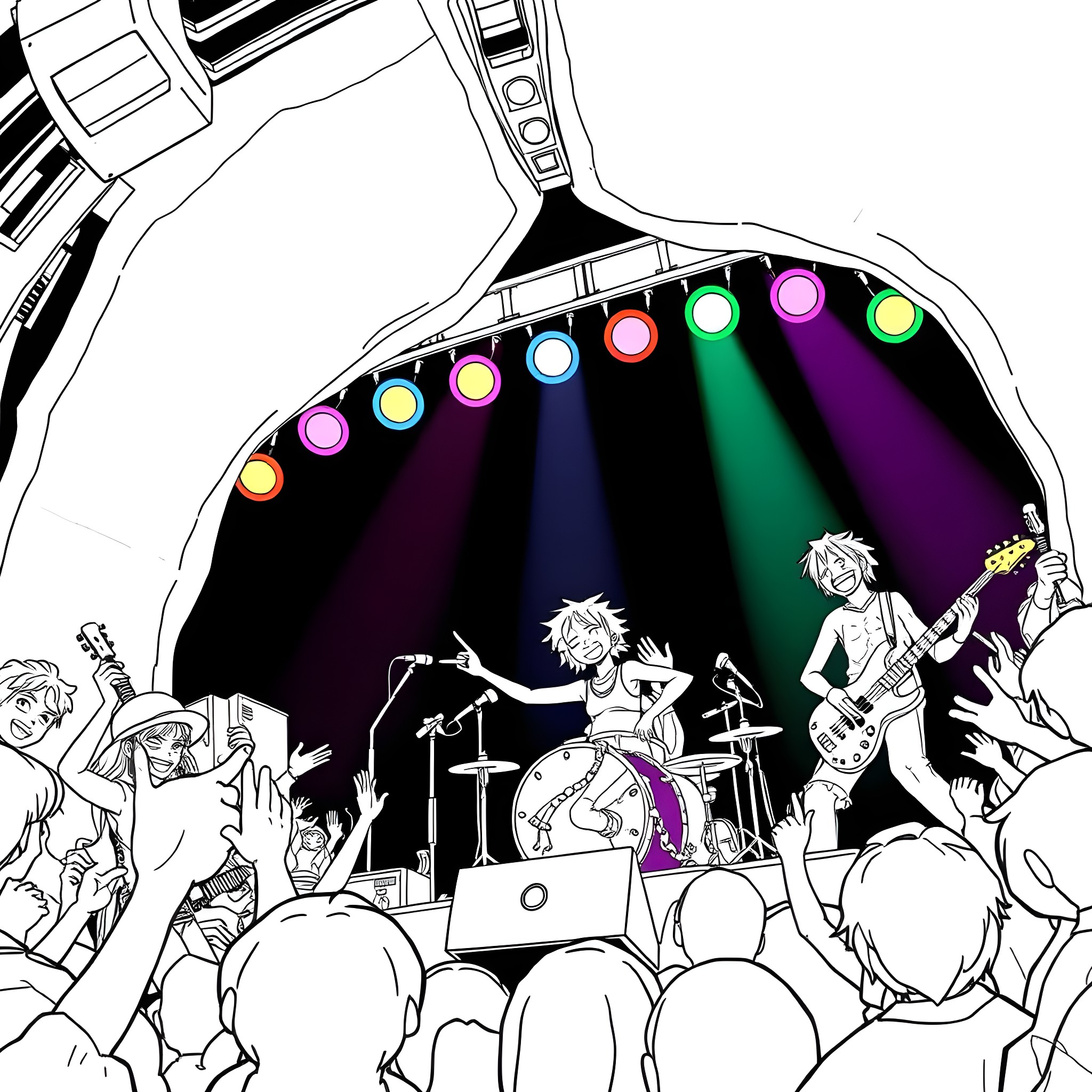 One Piece: Rock Band Performing on Stage Coloring Page (free black-and-white line drawing printable PDF for all, from beginners to advanced learners, including children, teens, adults, and seniors)
