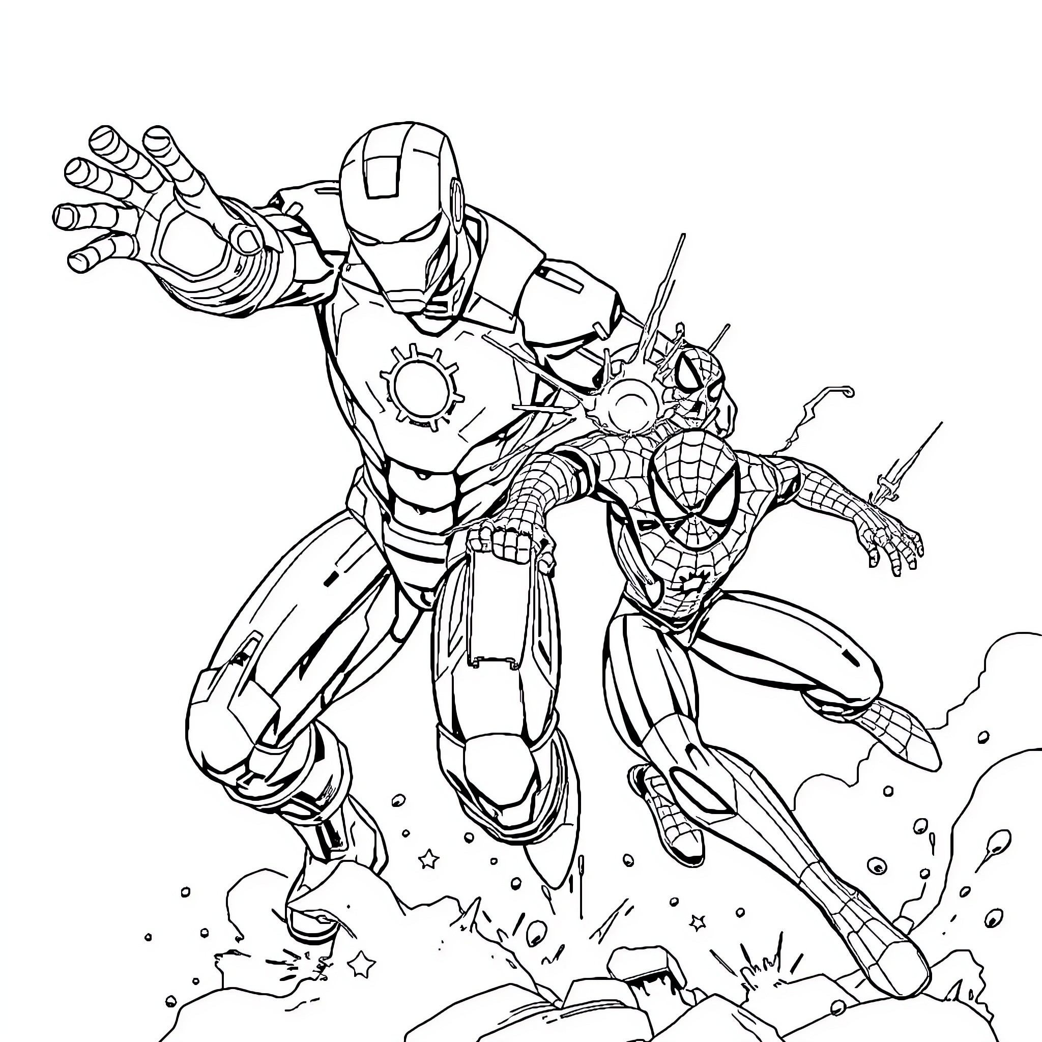 Ironman and Spiderman Team Up for Action Coloring Page (free black-and-white line drawing printable PDF for all, from beginners to advanced learners, including children, teens, adults, and seniors)