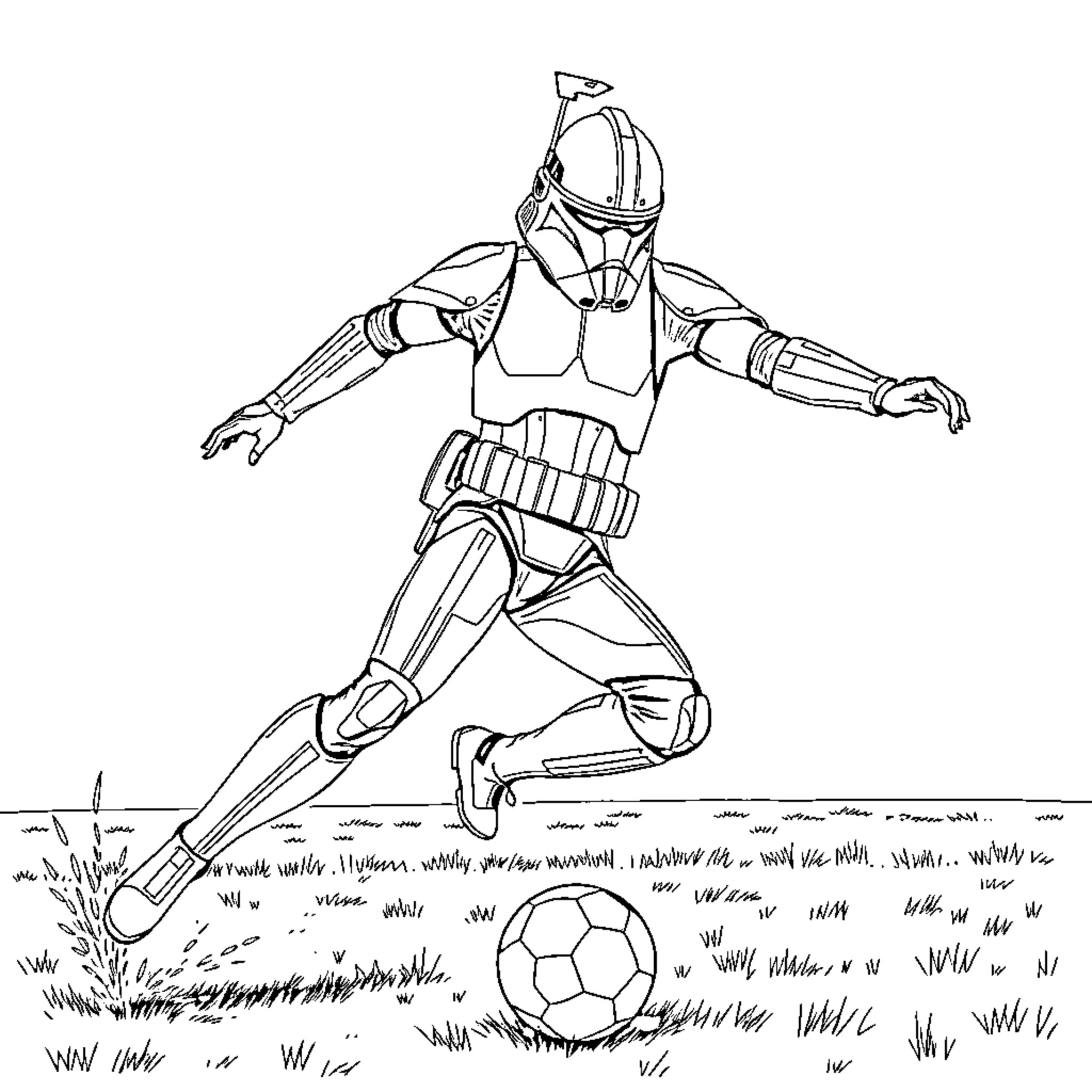 Clone Trooper kicking soccer ball on the field Coloring Page (free black-and-white line drawing printable PDF for all, from beginners to advanced learners, including children, teens, adults, and seniors)