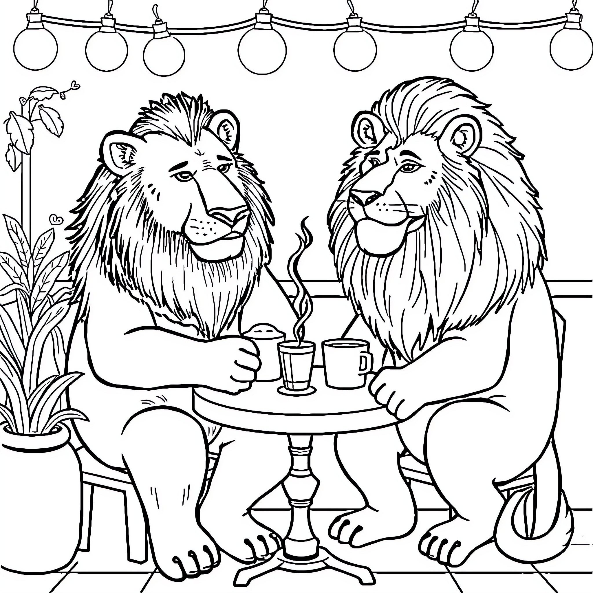 Oso Lions Enjoying Drinks Together Coloring Page (free black-and-white line drawing printable PDF for all, from beginners to advanced learners, including children, teens, adults, and seniors)