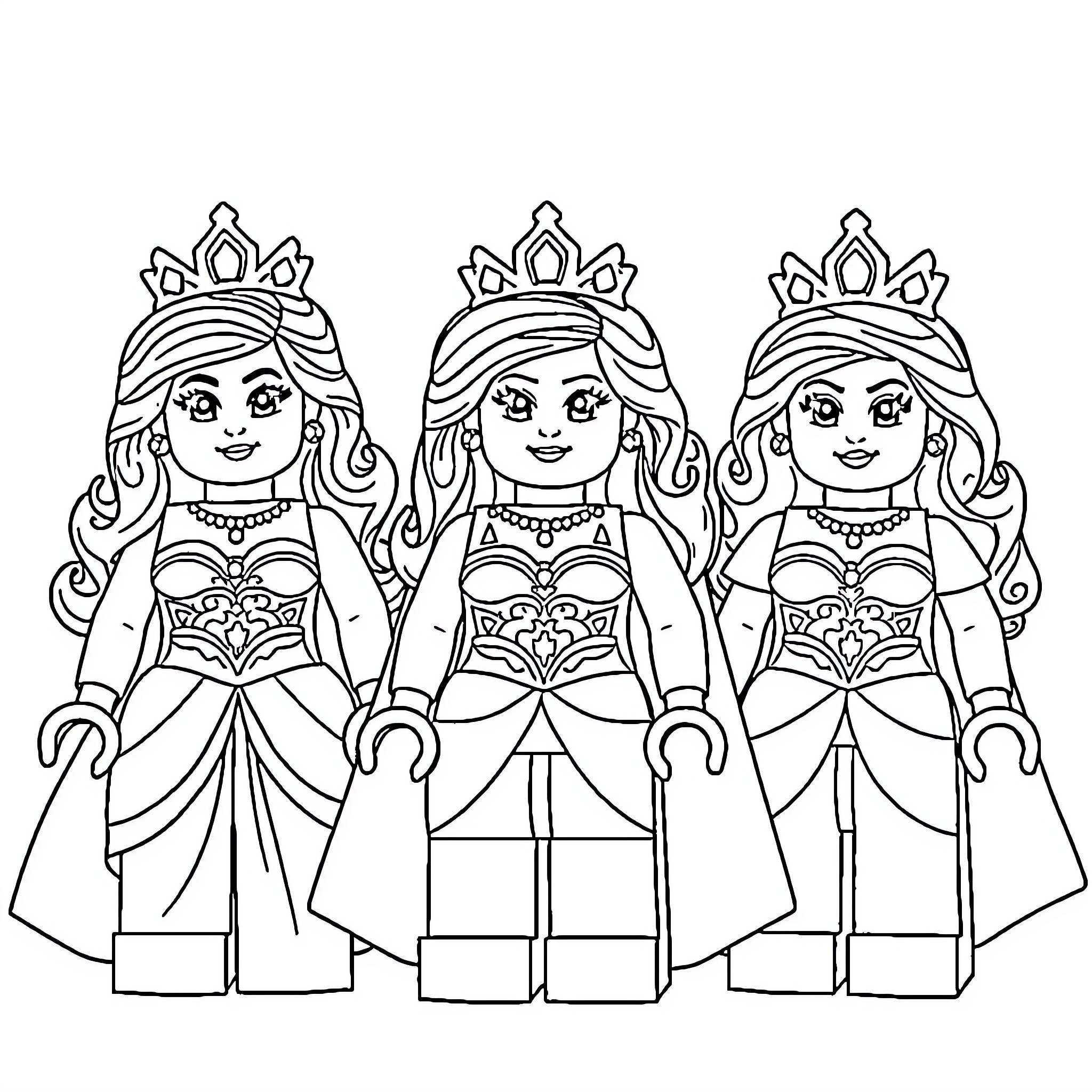 Princess Figures in Elegant Dresses and Tiaras Coloring Page (free black-and-white line drawing printable PDF for all, from beginners to advanced learners, including children, teens, adults, and seniors)
