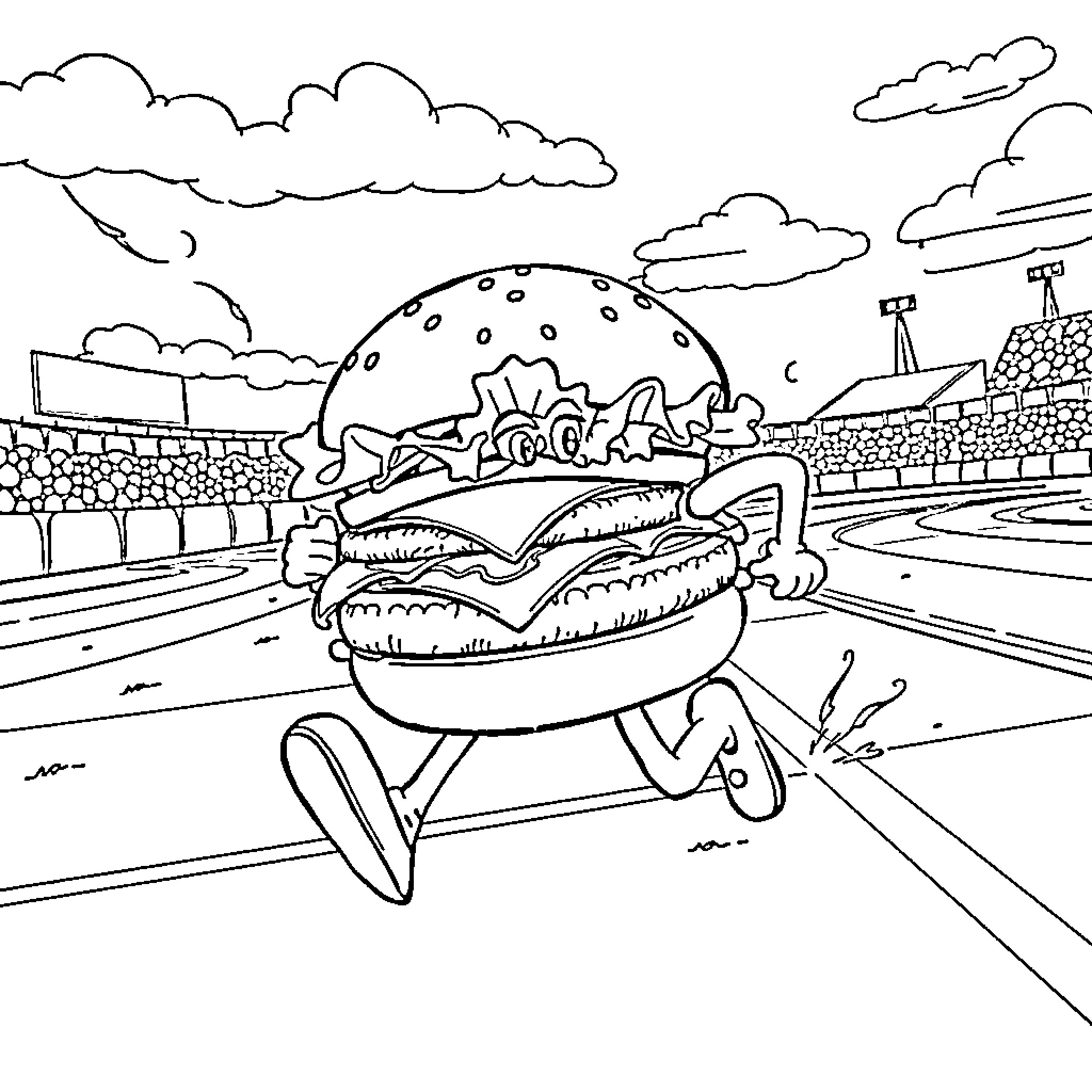 Cheeseburger running excitedly through sports stadium Coloring Page (free black-and-white line drawing printable PDF for all, from beginners to advanced learners, including children, teens, adults, and seniors)