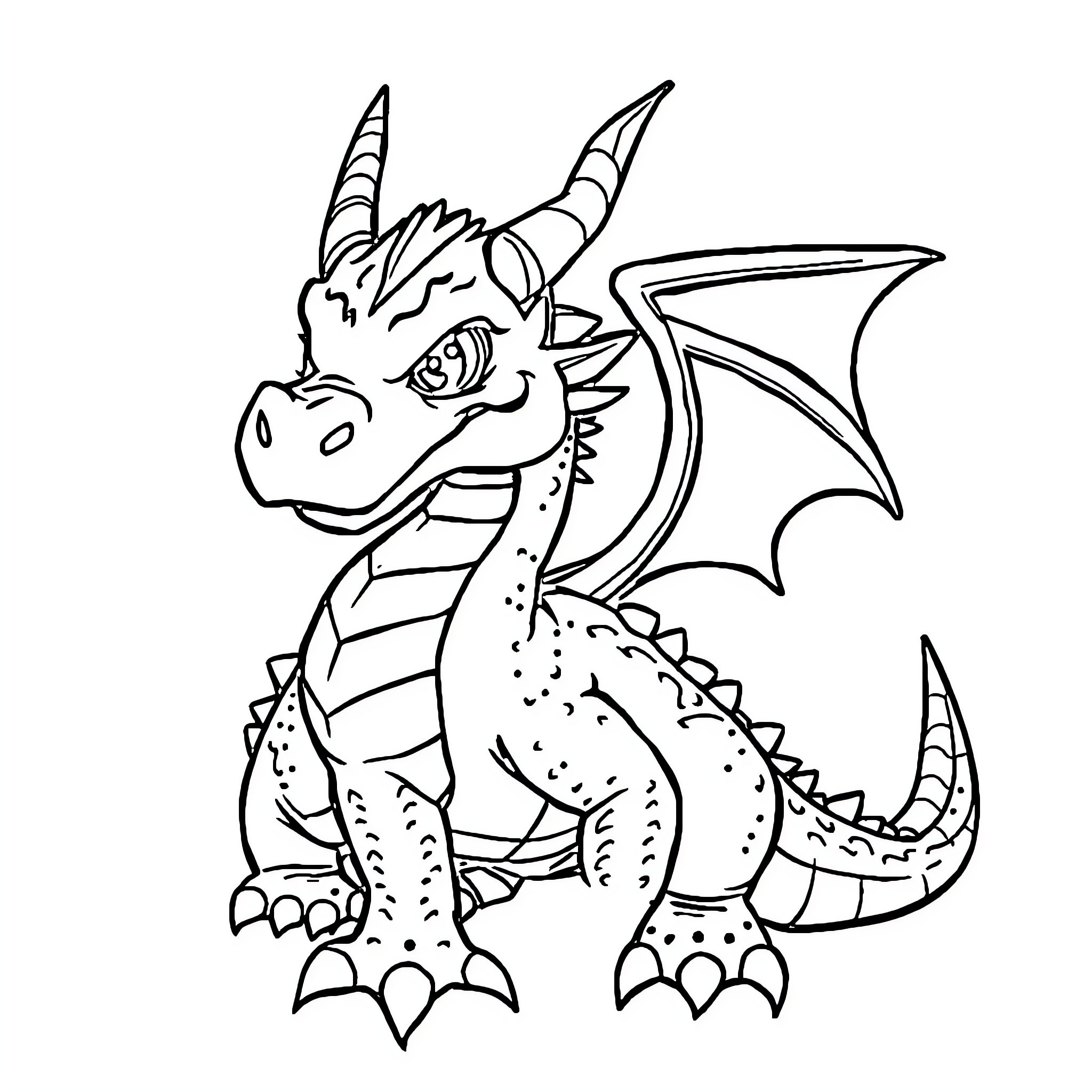Dragon with Fierce Expression and Outstretched Wings Coloring Page (free black-and-white line drawing printable PDF for all, from beginners to advanced learners, including children, teens, adults, and seniors)