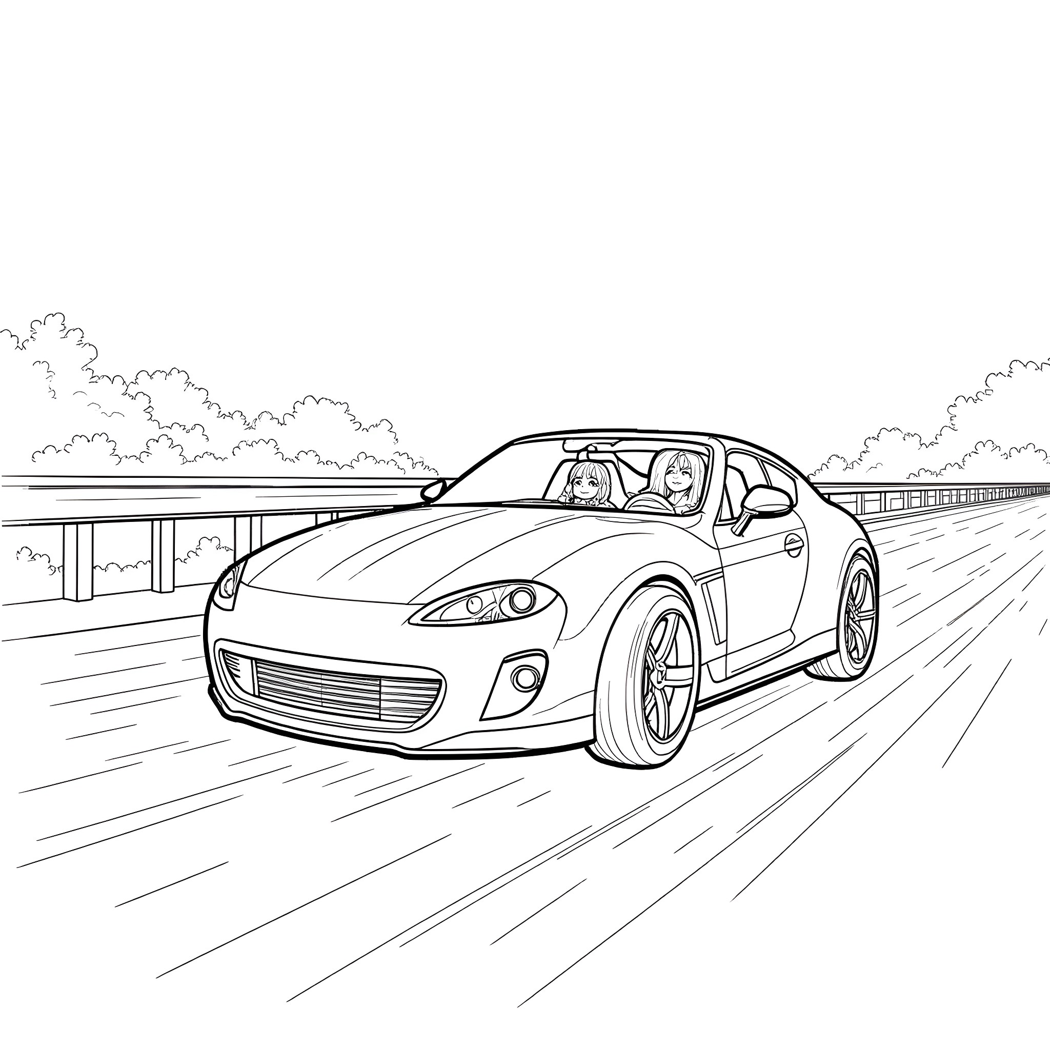 Car speeding on the road with passengers Coloring Page (free black-and-white line drawing printable PDF for all, from beginners to advanced learners, including children, teens, adults, and seniors)