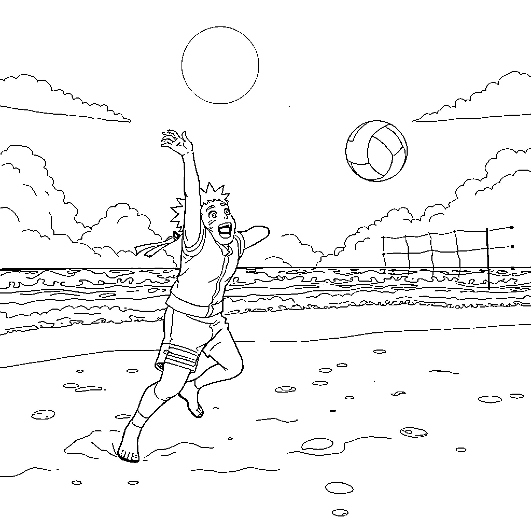 Naruto character playing beach volleyball under the sun Coloring Page (free black-and-white line drawing printable PDF for all, from beginners to advanced learners, including children, teens, adults, and seniors)