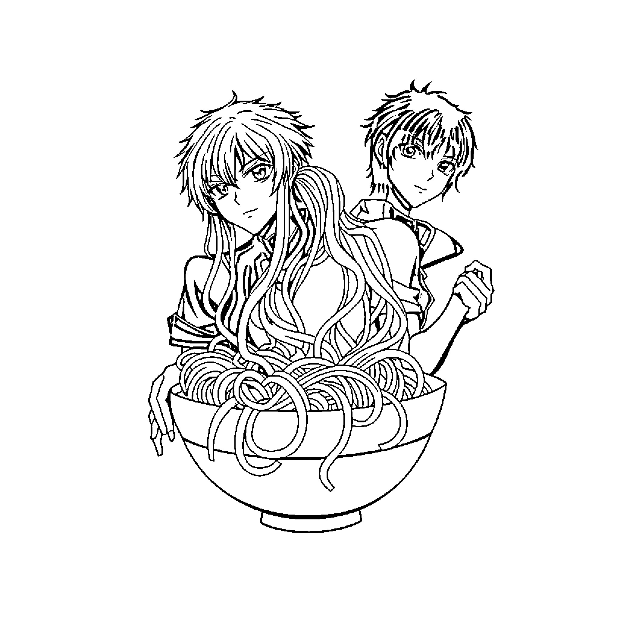 Tshirt design of anime characters in bowl Coloring Page (free black-and-white line drawing printable PDF for all, from beginners to advanced learners, including children, teens, adults, and seniors)