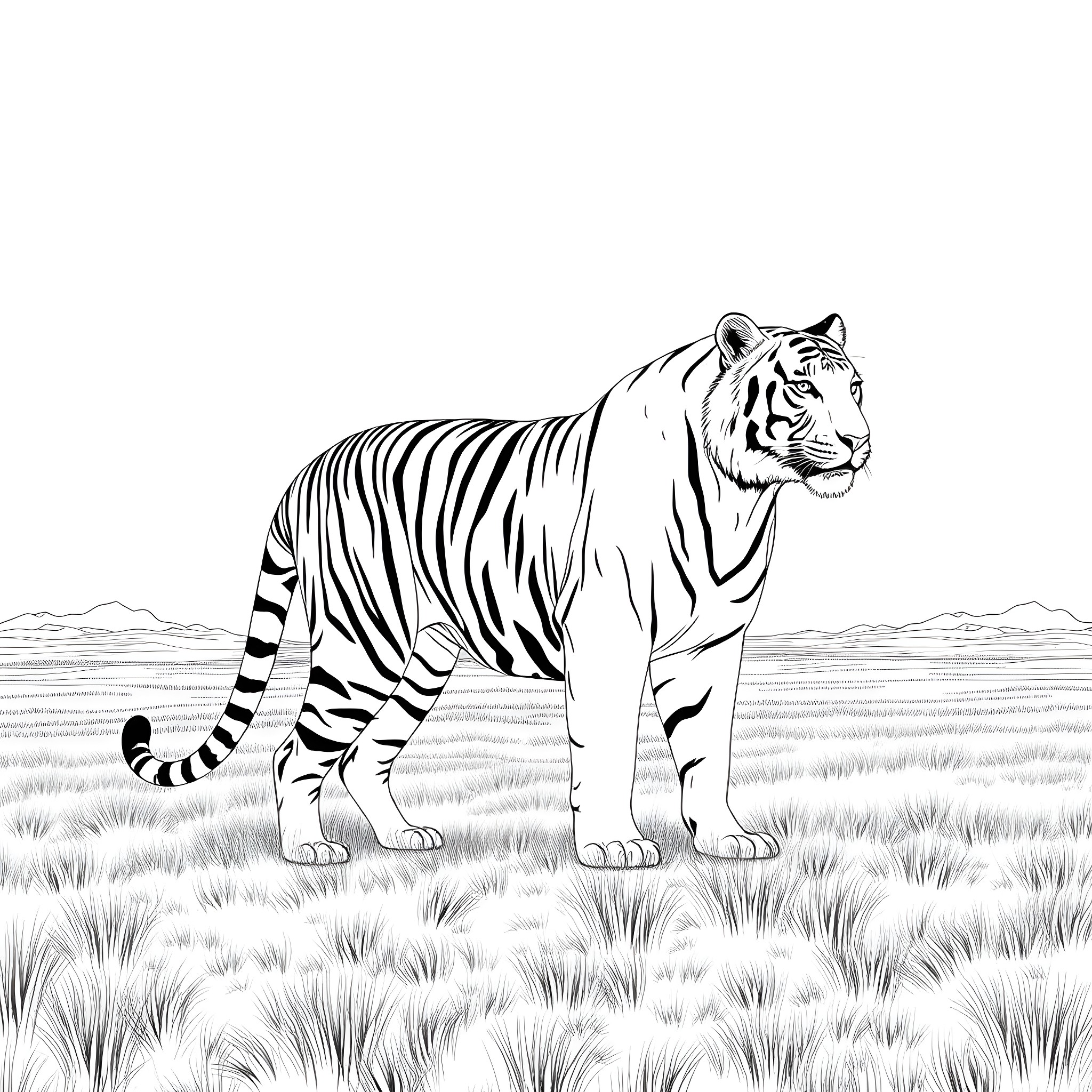 Tiger standing proudly in the grassy field Coloring Page (free black-and-white line drawing printable PDF for all, from beginners to advanced learners, including children, teens, adults, and seniors)