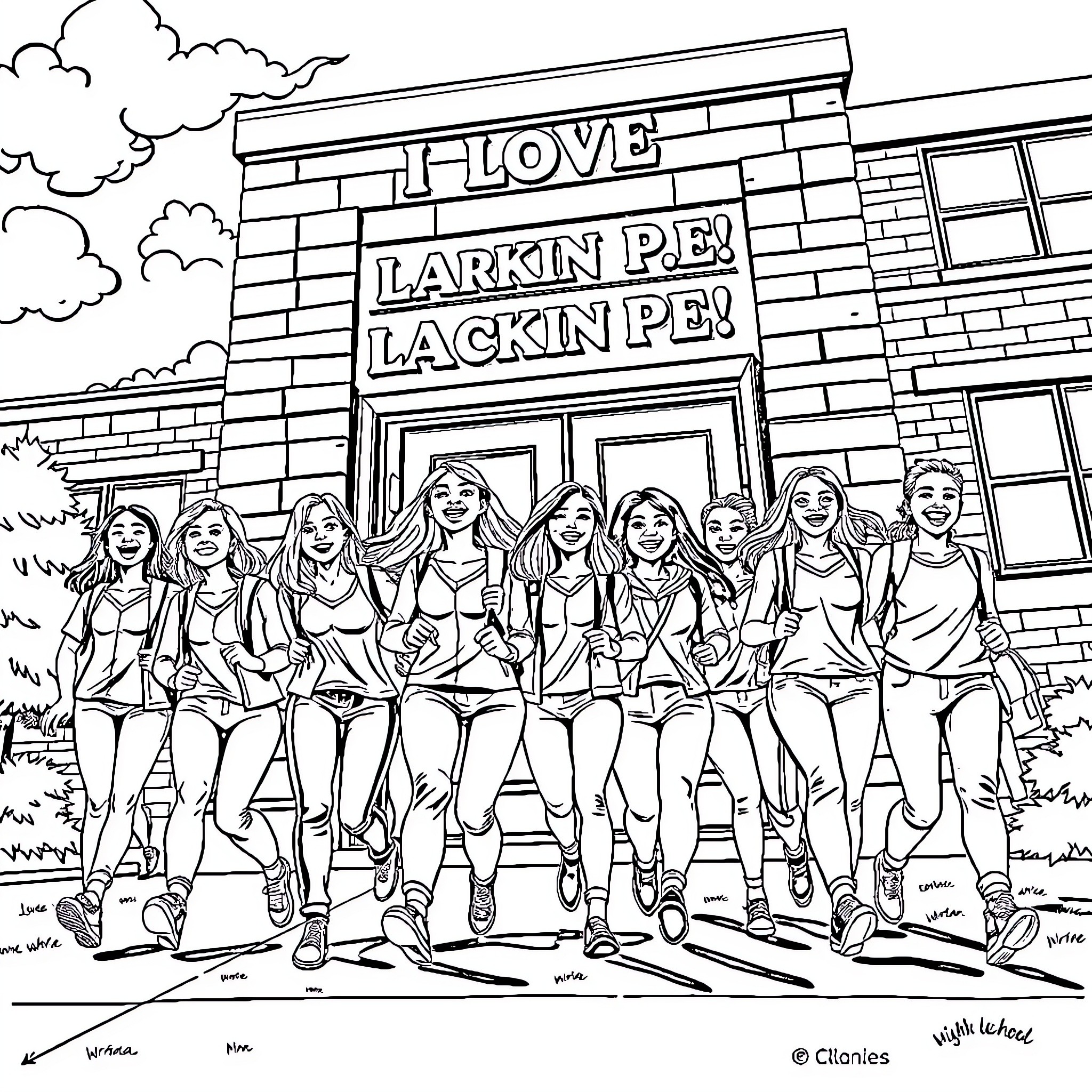 Students pose playfully outside a building Coloring Page (free black-and-white line drawing printable PDF for all, from beginners to advanced learners, including children, teens, adults, and seniors)