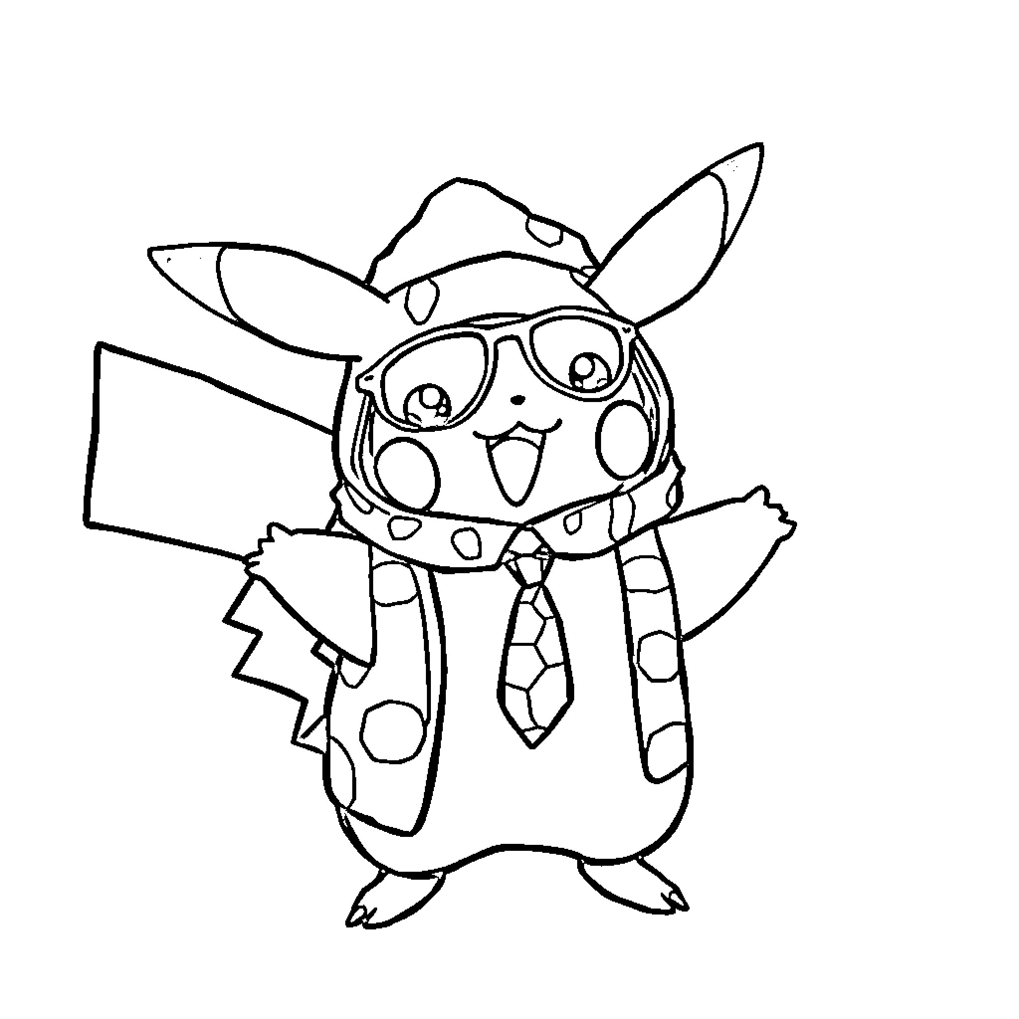 Pikachu dressed up in a suit and tie Coloring Page (free black-and-white line drawing printable PDF for all, from beginners to advanced learners, including children, teens, adults, and seniors)