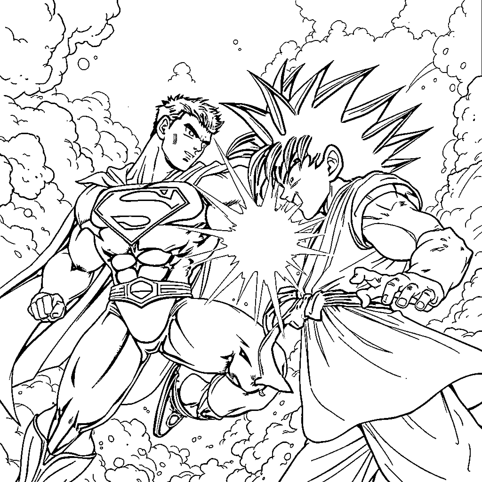 Superman battling a powerful foe in an intense scene Coloring Page (free black-and-white line drawing printable PDF for all, from beginners to advanced learners, including children, teens, adults, and seniors)