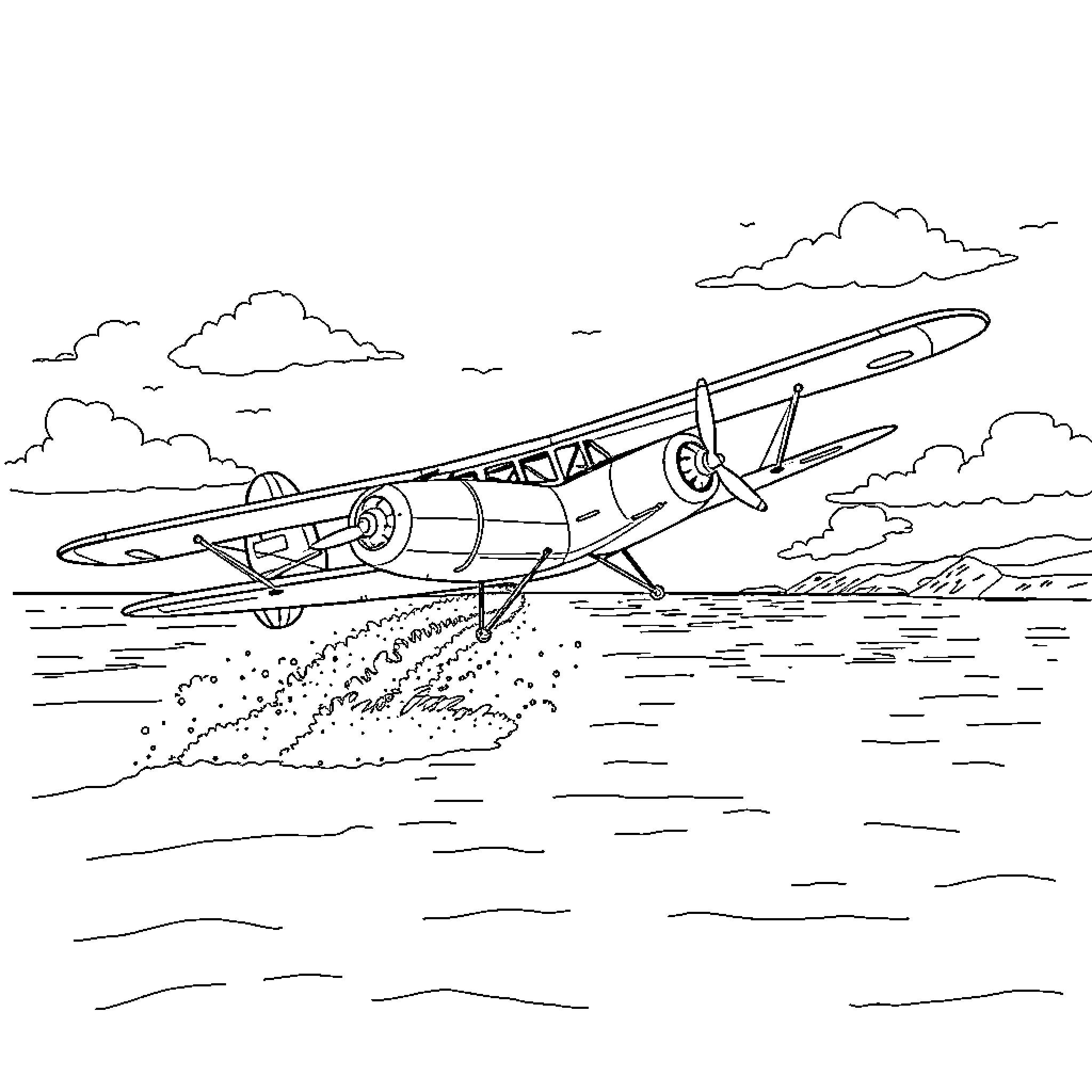 Biplane taking flight over the clouds Coloring Page (free black-and-white line drawing printable PDF for all, from beginners to advanced learners, including children, teens, adults, and seniors)