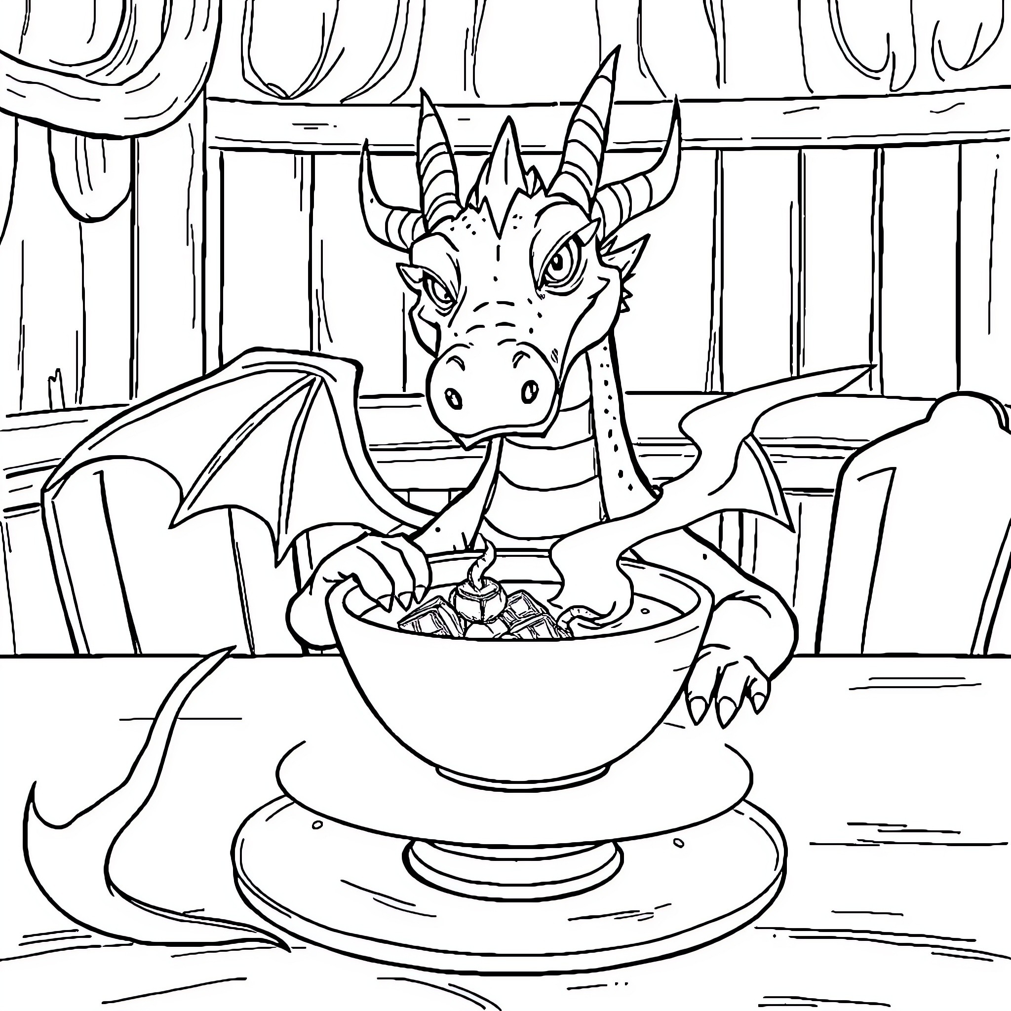 Dragon Cooking and Enjoying a Meal in the Kitchen Coloring Page (free black-and-white line drawing printable PDF for all, from beginners to advanced learners, including children, teens, adults, and seniors)