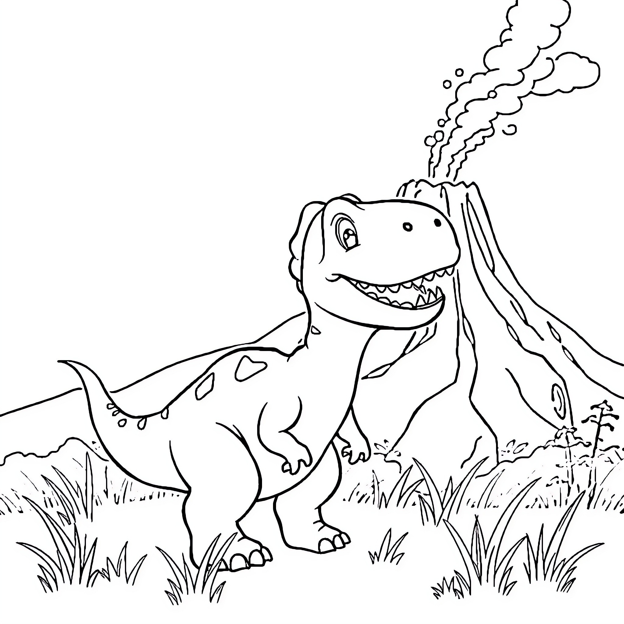 T-Rex stomping and roaring in the wild Coloring Page (free black-and-white line drawing printable PDF for all, from beginners to advanced learners, including children, teens, adults, and seniors)