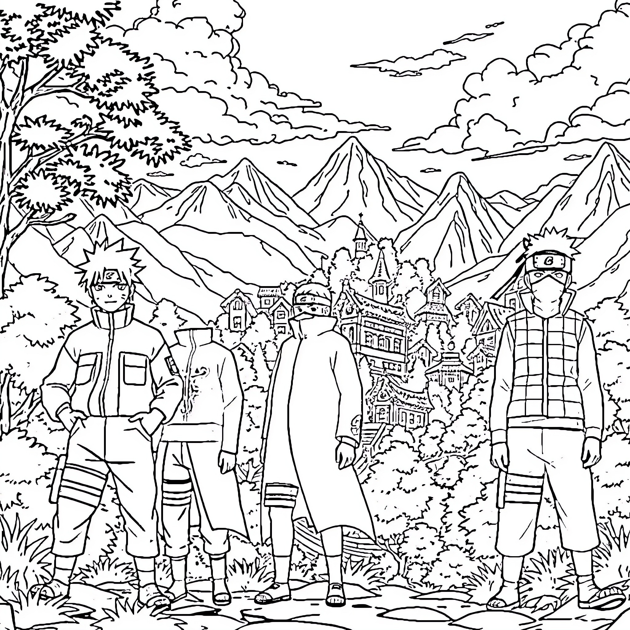 Naruto characters on a journey through a mountainous landscape Coloring Page (free black-and-white line drawing printable PDF for all, from beginners to advanced learners, including children, teens, adults, and seniors)