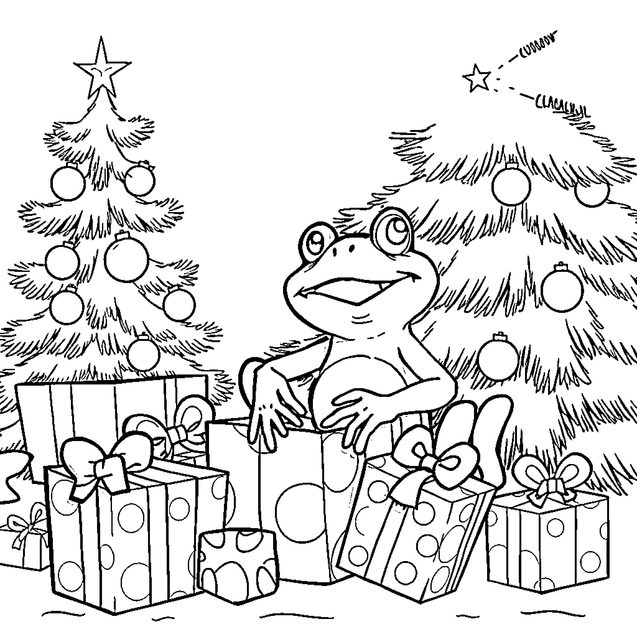 Frog playing with Christmas presents and tree Coloring Page (free black-and-white line drawing printable PDF for all, from beginners to advanced learners, including children, teens, adults, and seniors)
