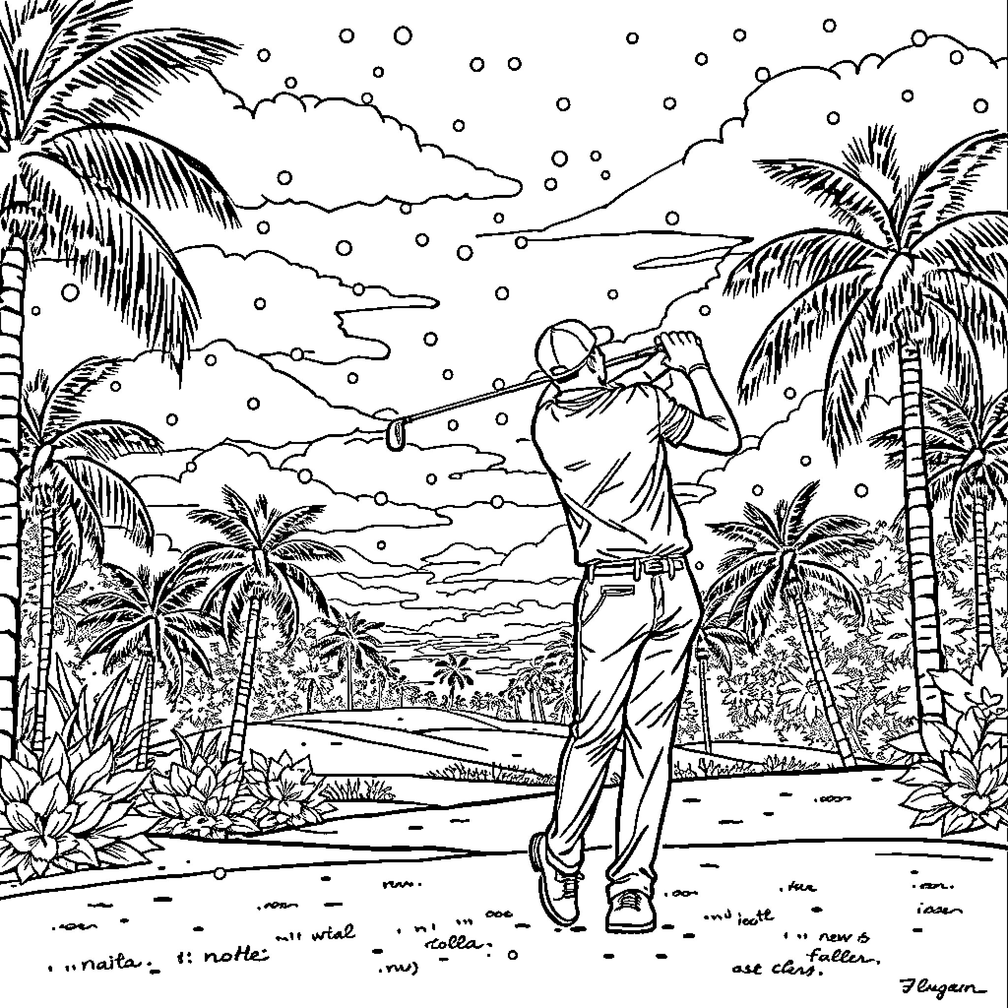 Golfer enjoying a day on the tropical beach course Coloring Page (free black-and-white line drawing printable PDF for all, from beginners to advanced learners, including children, teens, adults, and seniors)