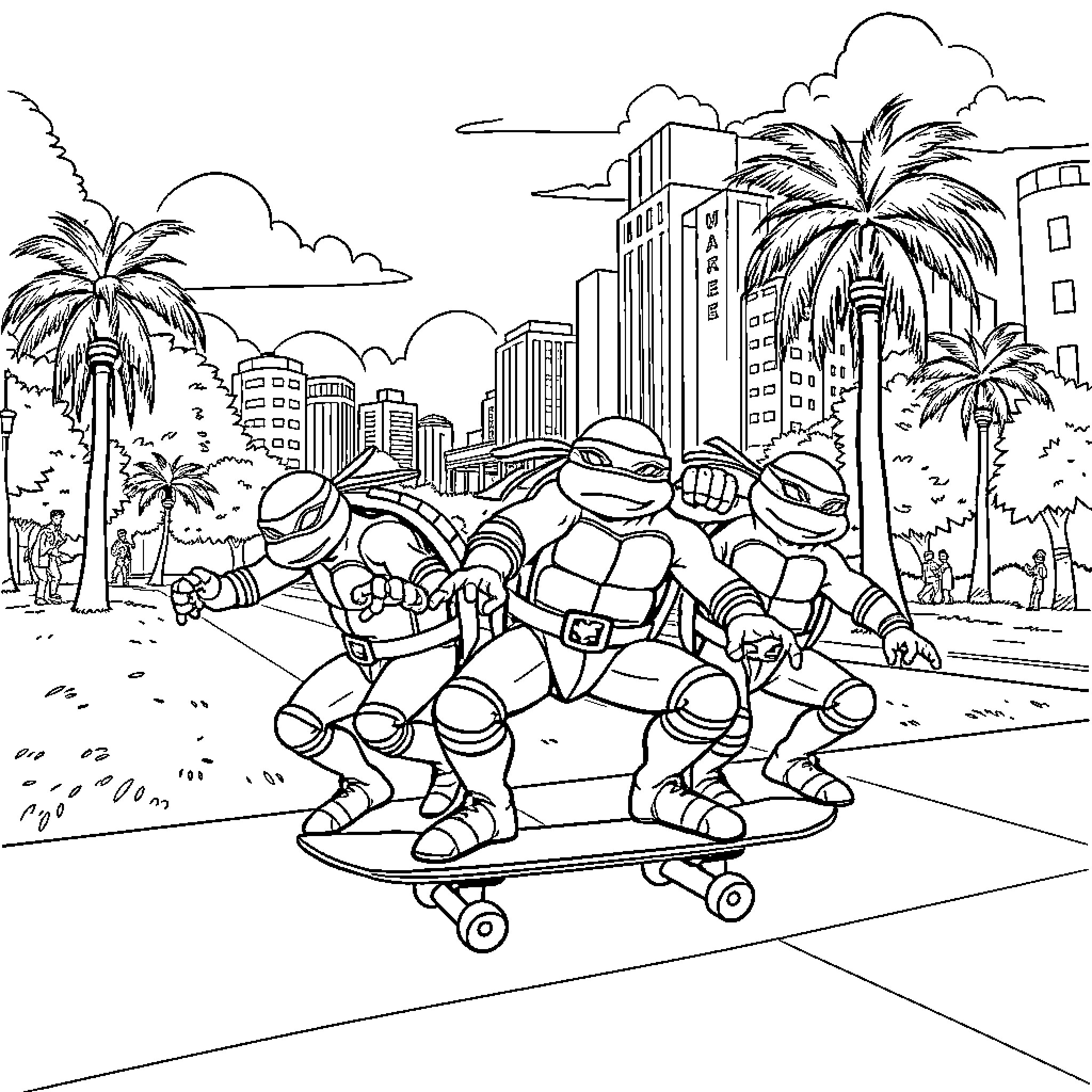 Teenage Mutant Ninja Turtles skateboarding through the city Coloring Page (free black-and-white line drawing printable PDF for all, from beginners to advanced learners, including children, teens, adults, and seniors)