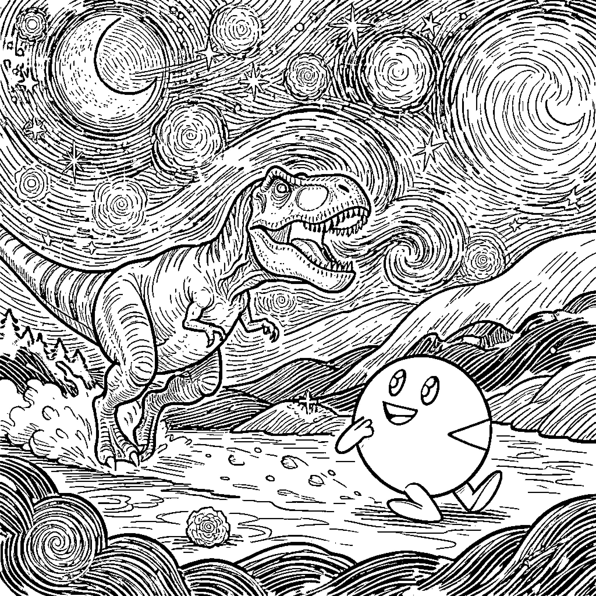 T-Rex and Playful Moon in Starry Night Coloring Page (free black-and-white line drawing printable PDF for all, from beginners to advanced learners, including children, teens, adults, and seniors)