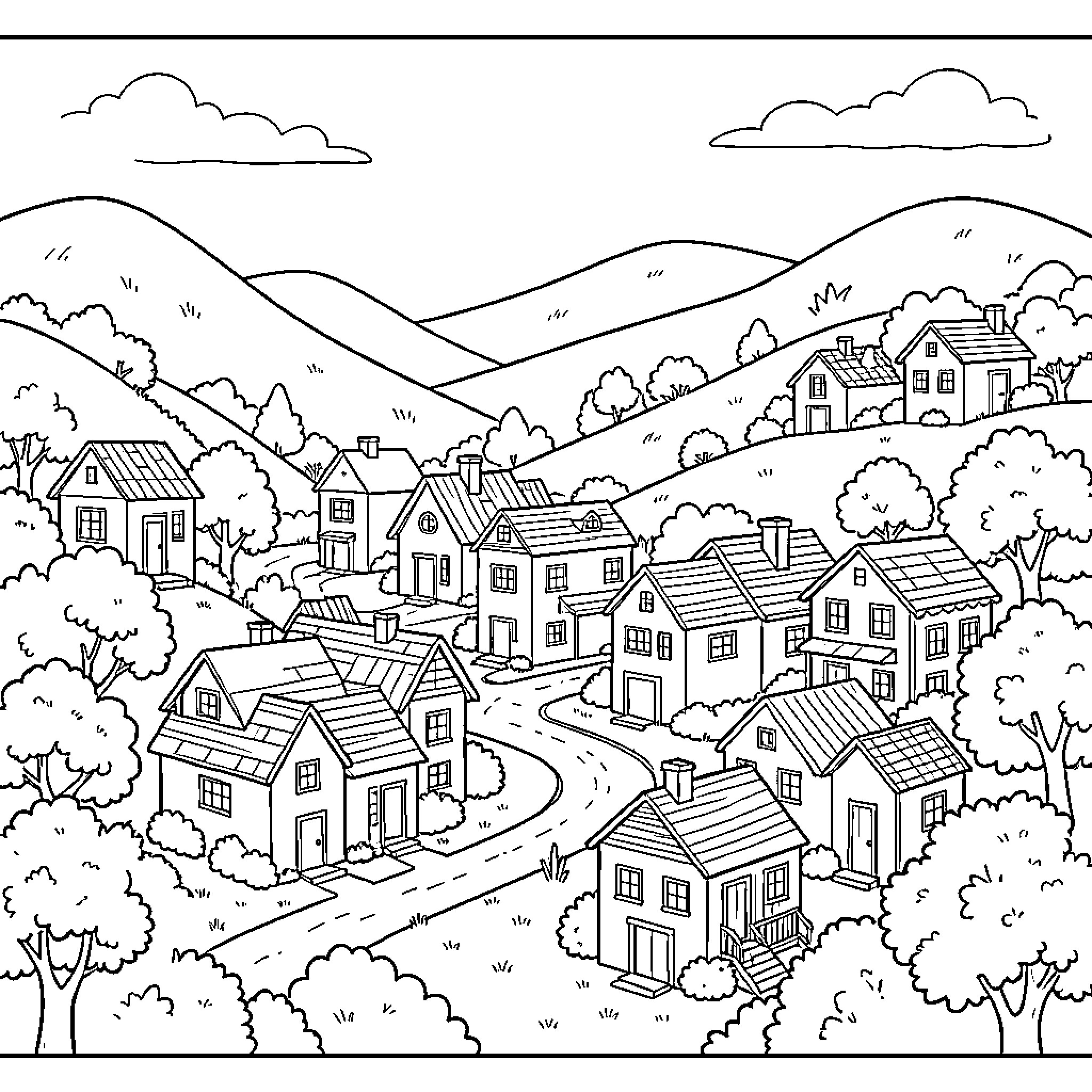 Chuymine Quaint Rural Landscape with Charming Homes Coloring Page (free black-and-white line drawing printable PDF for all, from beginners to advanced learners, including children, teens, adults, and seniors)