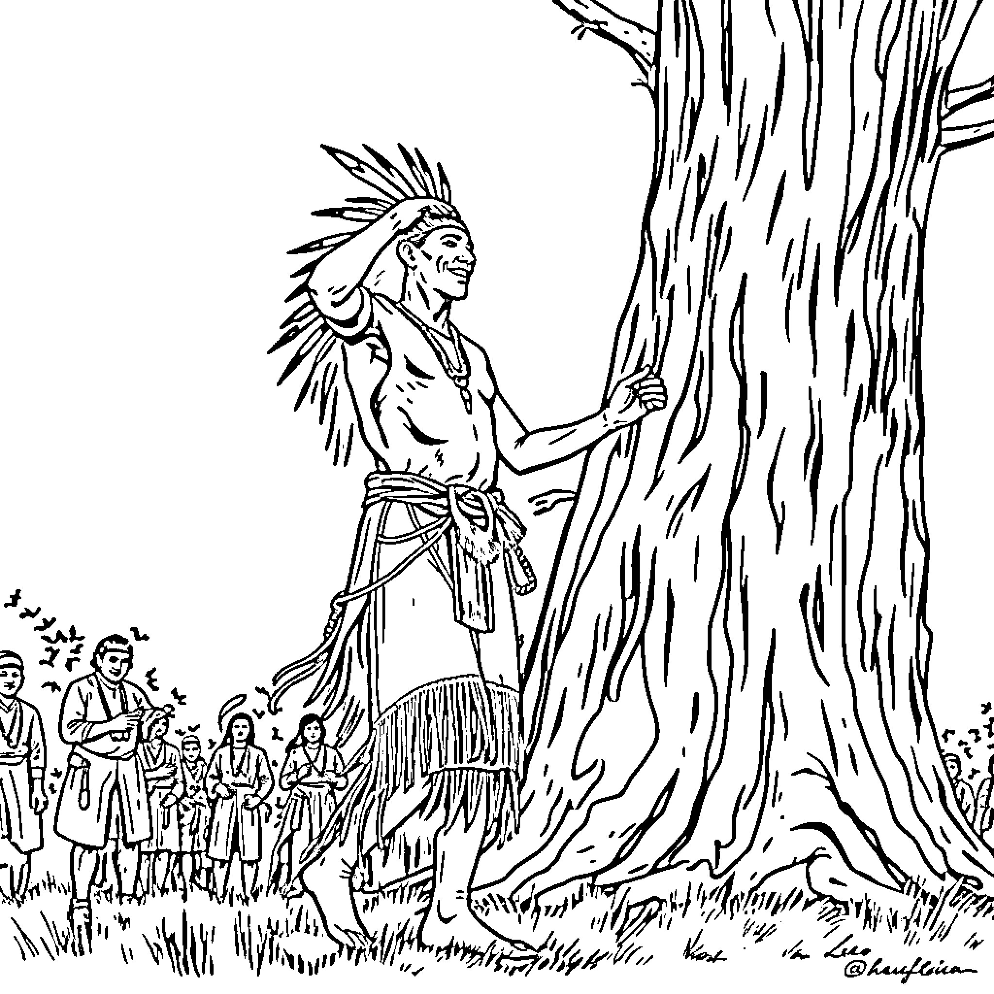Man in traditional tribal attire standing beside tree Coloring Page (free black-and-white line drawing printable PDF for all, from beginners to advanced learners, including children, teens, adults, and seniors)