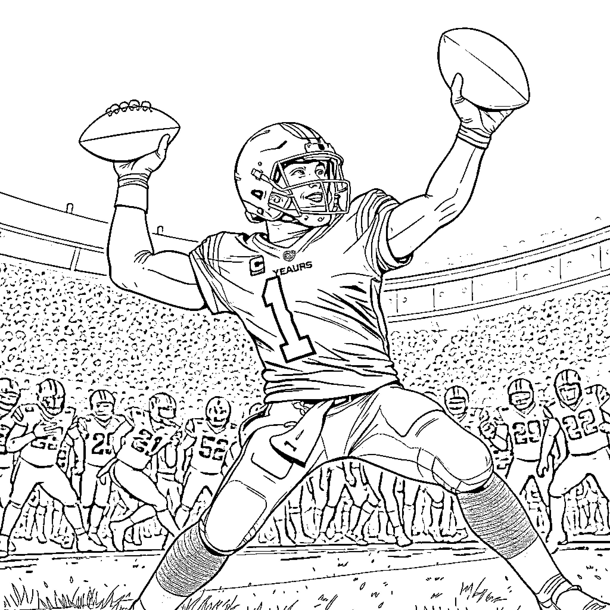 Bryce Young celebrating football victory Coloring Page (free black-and-white line drawing printable PDF for all, from beginners to advanced learners, including children, teens, adults, and seniors)