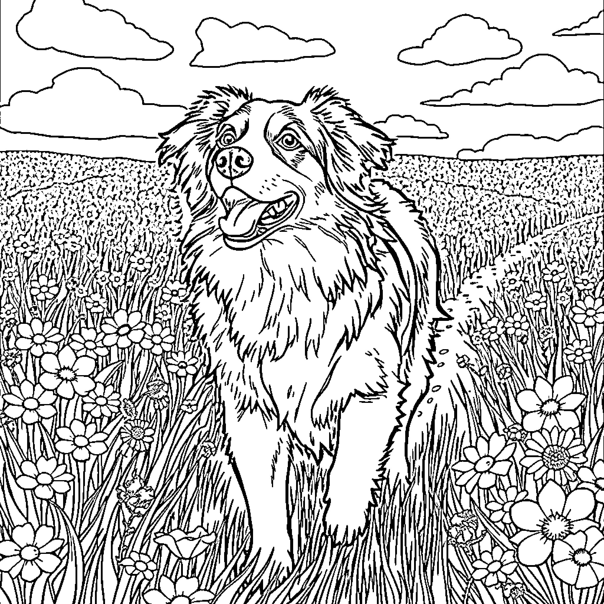 Australian Shepherd exploring a lush meadow Coloring Page (free black-and-white line drawing printable PDF for all, from beginners to advanced learners, including children, teens, adults, and seniors)