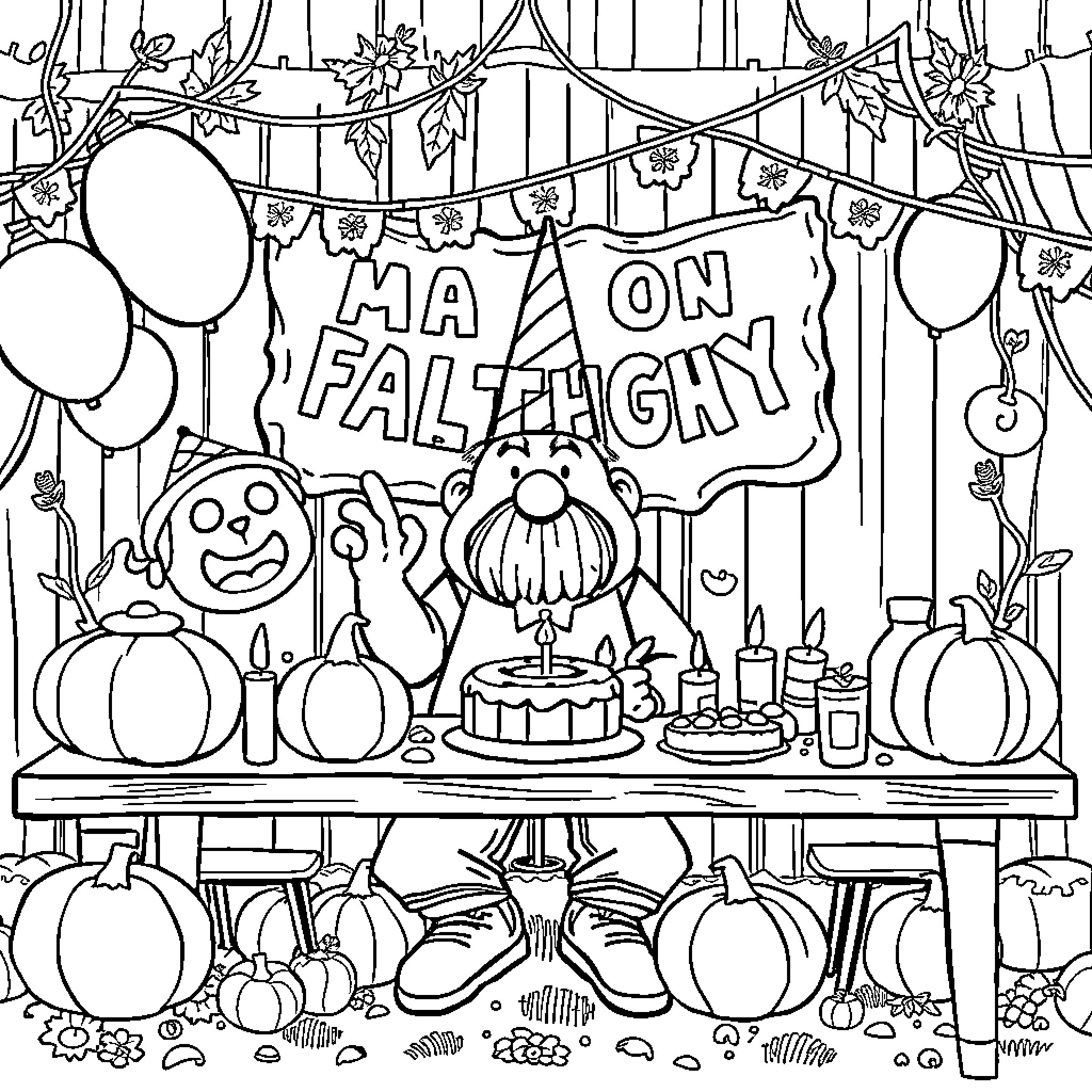 Fall Guy's Festive Birthday Celebration Coloring Page (free black-and-white line drawing printable PDF for all, from beginners to advanced learners, including children, teens, adults, and seniors)