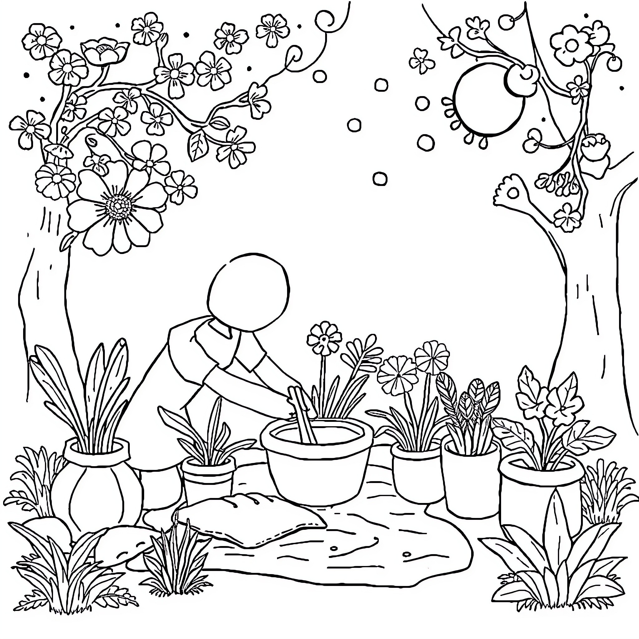 Community Gardening in the Springtime Coloring Page (free black-and-white line drawing printable PDF for all, from beginners to advanced learners, including children, teens, adults, and seniors)