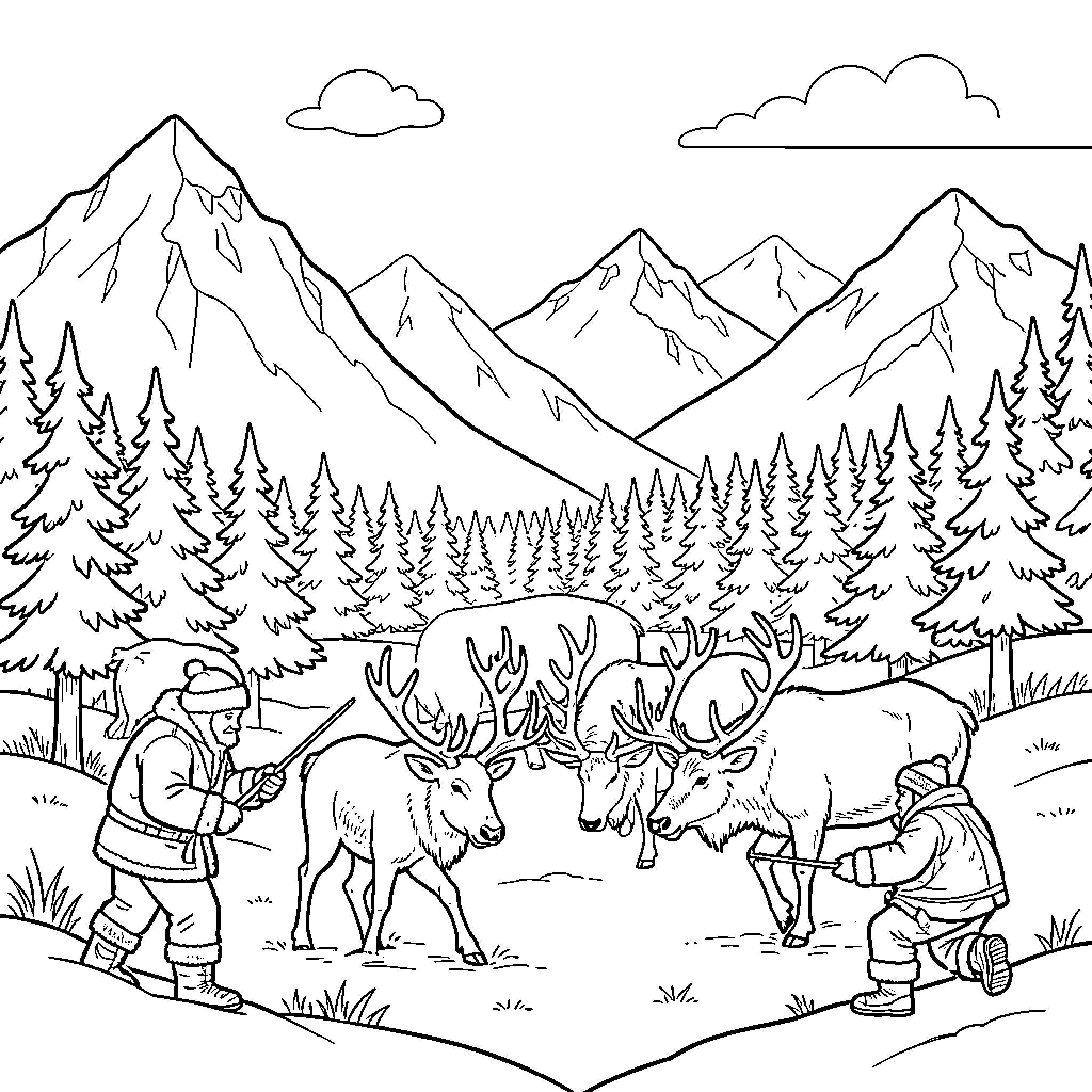 Inuit people hunting reindeer in a snowy mountain landscape Coloring Page (free black-and-white line drawing printable PDF for all, from beginners to advanced learners, including children, teens, adults, and seniors)