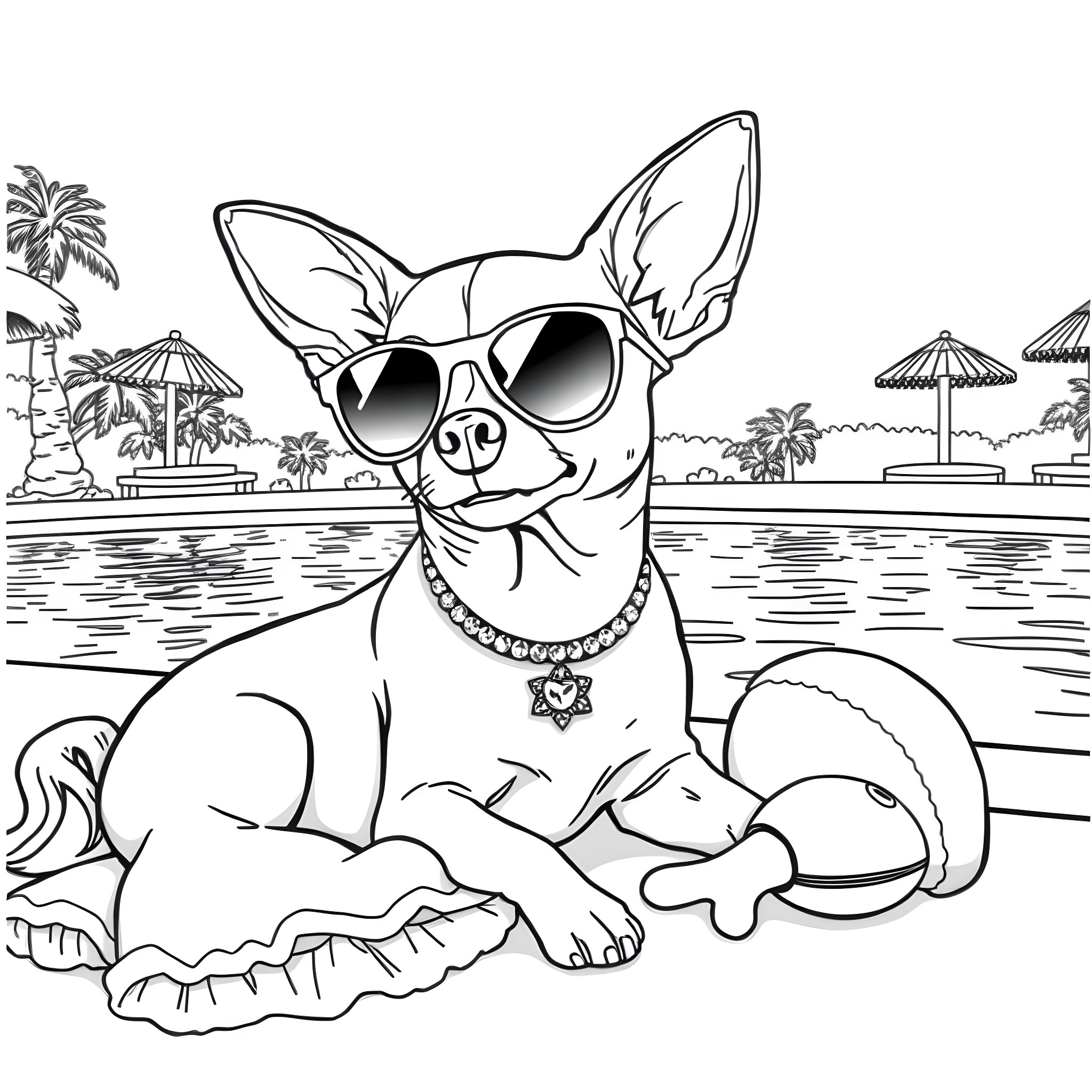 Chihuahua enjoying the pool on a sunny day Coloring Page (free black-and-white line drawing printable PDF for all, from beginners to advanced learners, including children, teens, adults, and seniors)