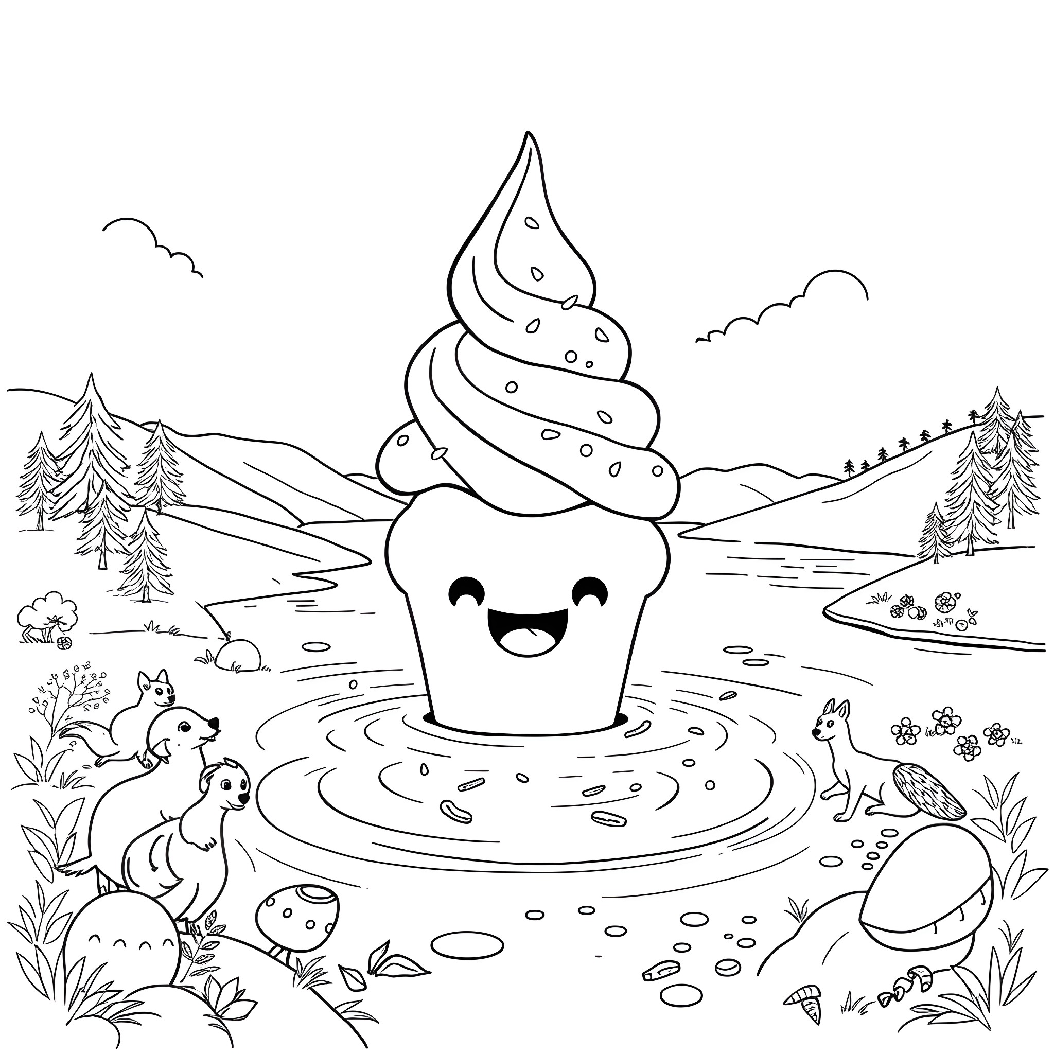 Ice Cream Delight in a Serene Landscape Coloring Page (free black-and-white line drawing printable PDF for all, from beginners to advanced learners, including children, teens, adults, and seniors)
