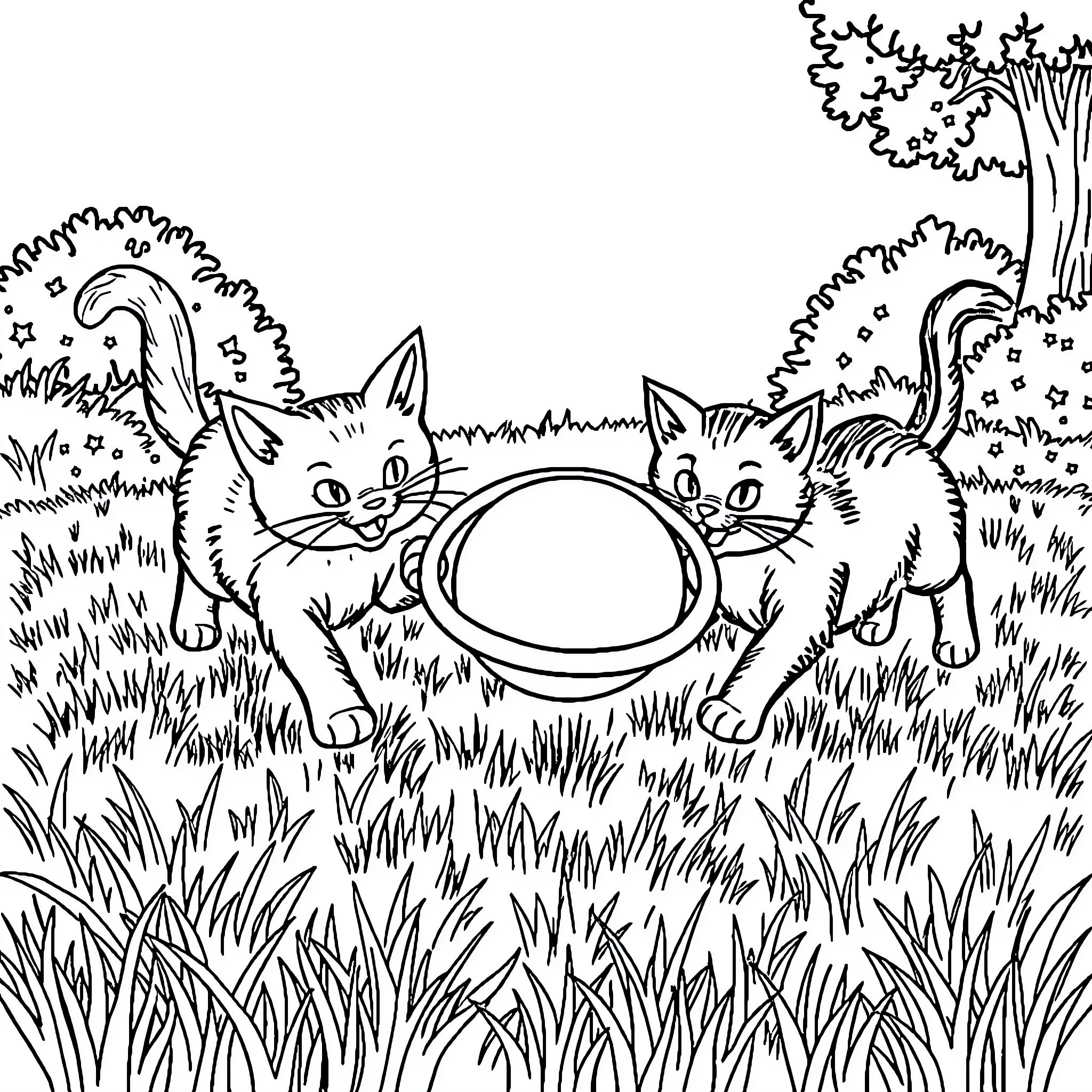 Cats exploring a dish in the grass Coloring Page (free black-and-white line drawing printable PDF for all, from beginners to advanced learners, including children, teens, adults, and seniors)