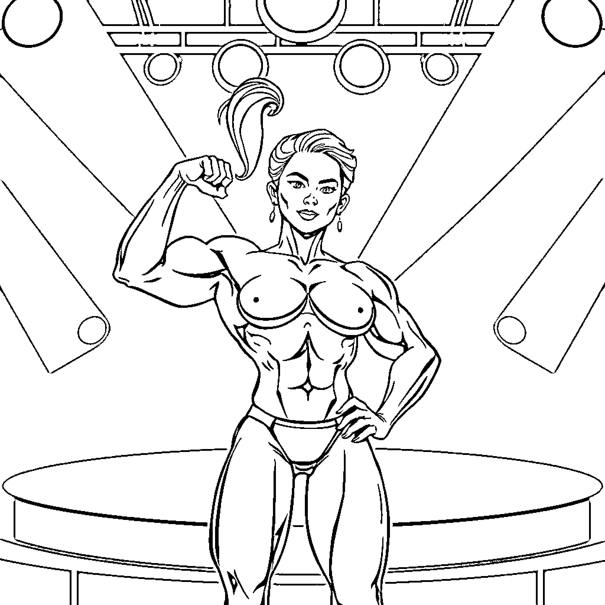 Bodybuilder flexing muscles on stage Coloring Page (free black-and-white line drawing printable PDF for all, from beginners to advanced learners, including children, teens, adults, and seniors)