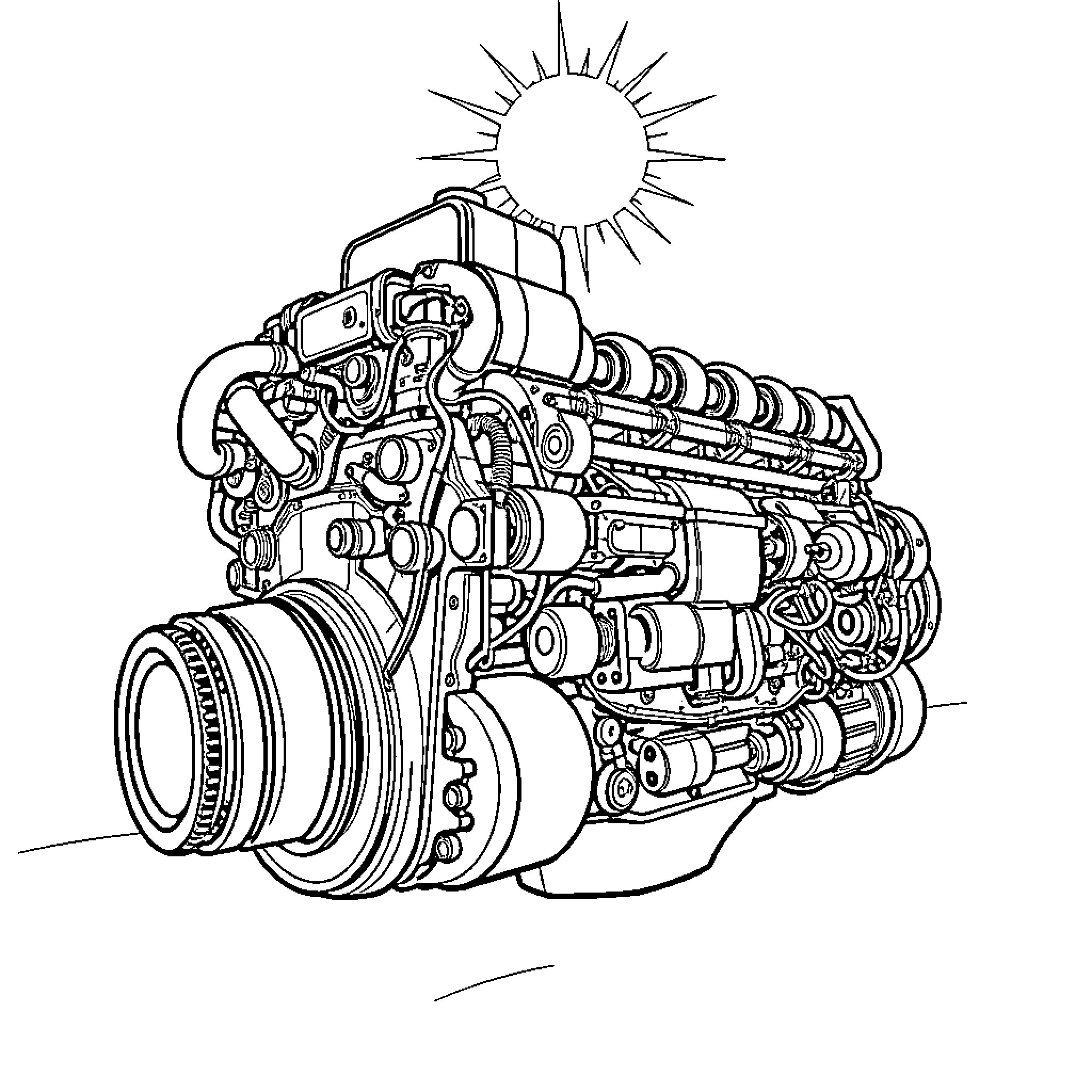 Cummins Industrial Engine Under the Sun Coloring Page (free black-and-white line drawing printable PDF for all, from beginners to advanced learners, including children, teens, adults, and seniors)