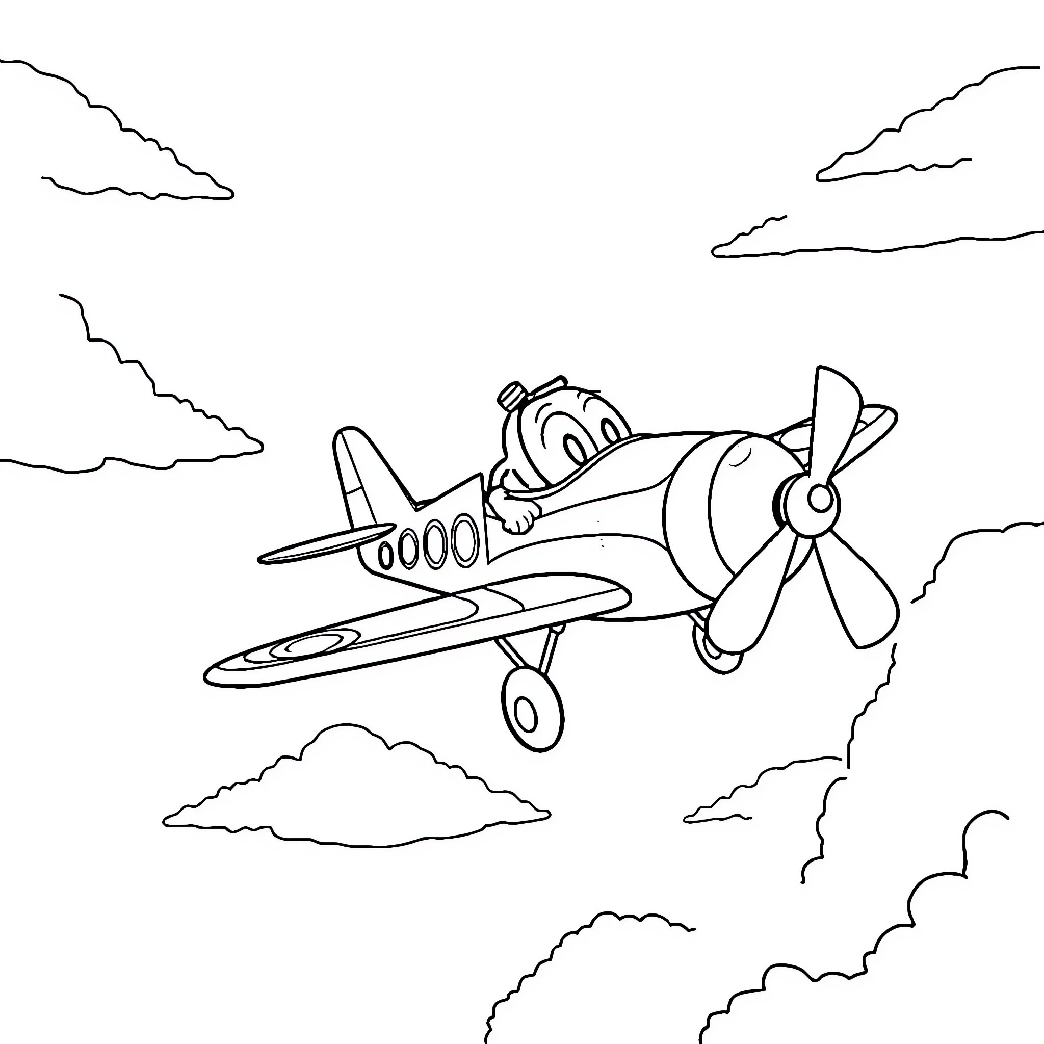 Cuphead flying in a cartoon airplane Coloring Page (free black-and-white line drawing printable PDF for all, from beginners to advanced learners, including children, teens, adults, and seniors)