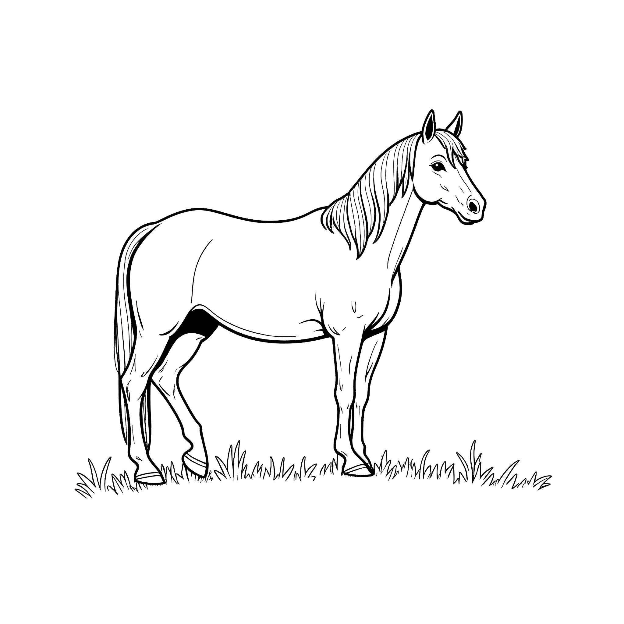 Horse standing in field with grass Coloring Page (free black-and-white line drawing printable PDF for all, from beginners to advanced learners, including children, teens, adults, and seniors)