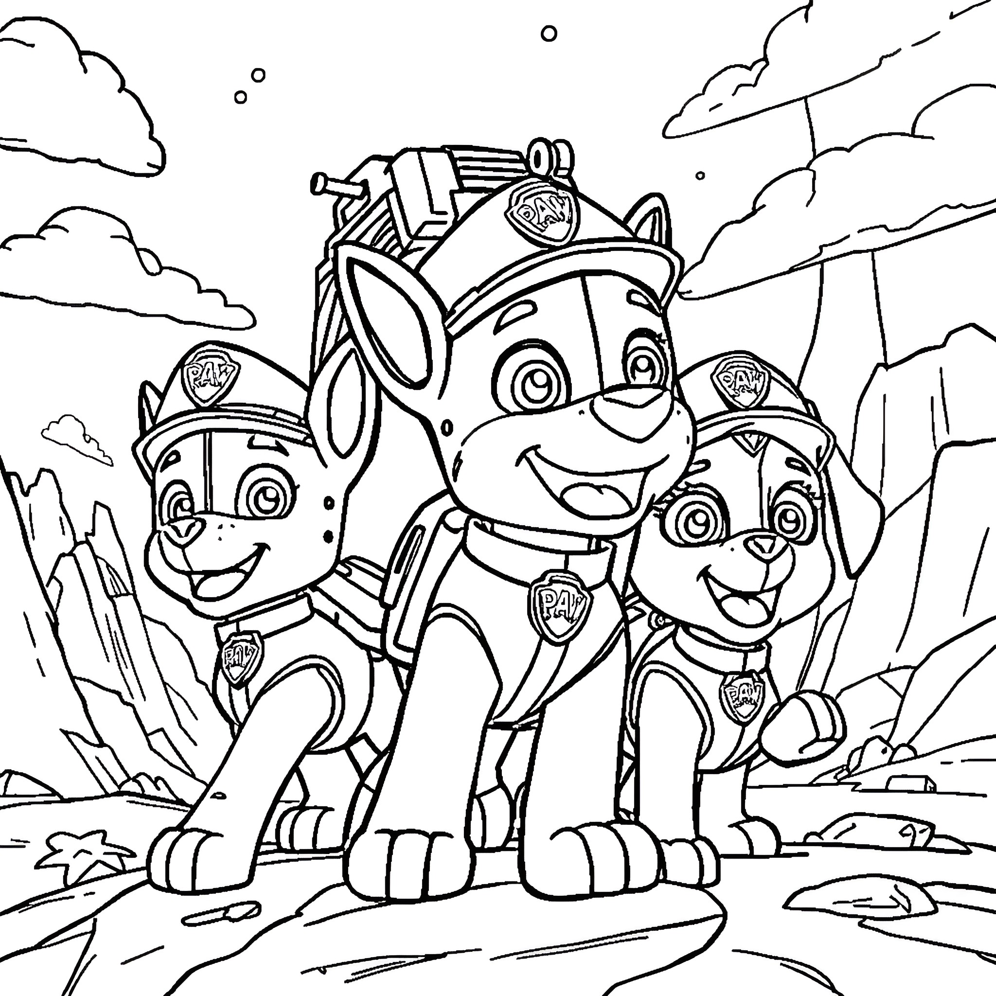 Paw Patrol pups on an adventure in the wilderness Coloring Page (free black-and-white line drawing printable PDF for all, from beginners to advanced learners, including children, teens, adults, and seniors)